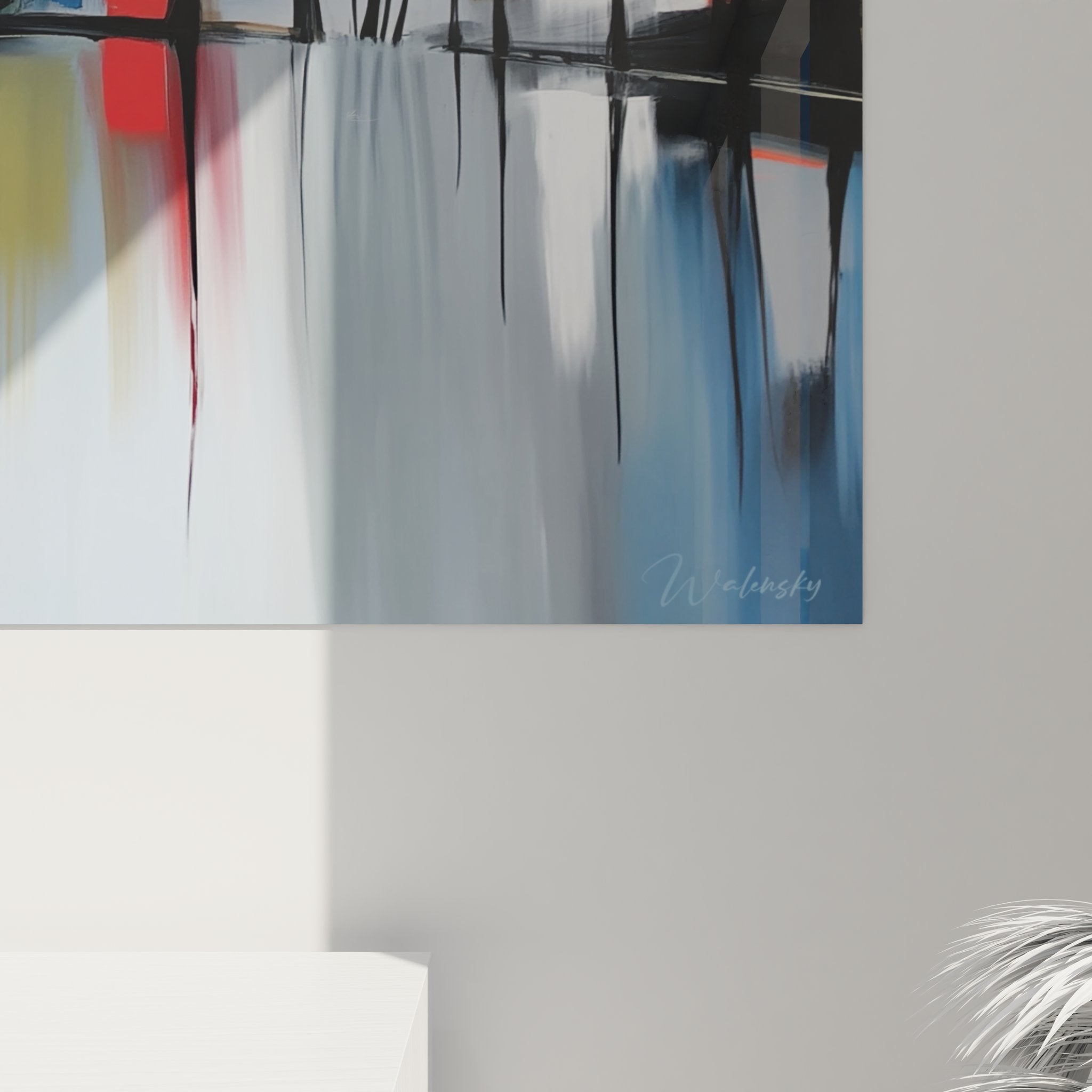 Vue ensemble tableau lac contemporain - paysage abstrait avec arbres et reflets aquatiques colorés