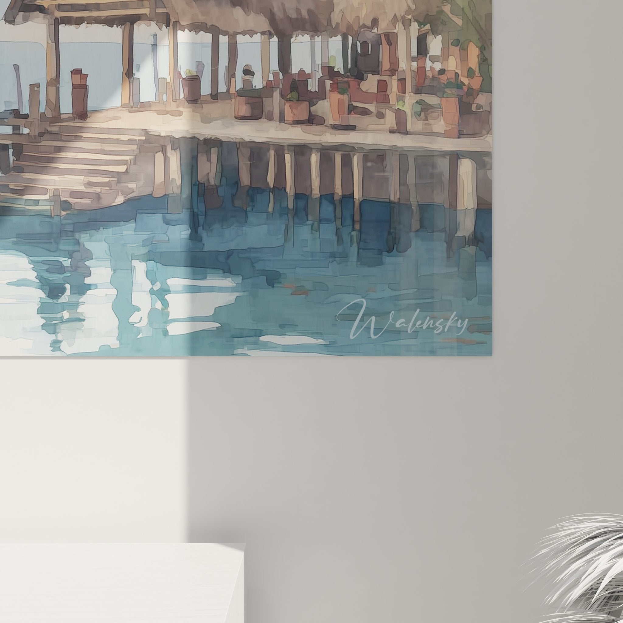 Vue ensemble tableau mural lac village montagne coucher soleil décoration intérieur zen