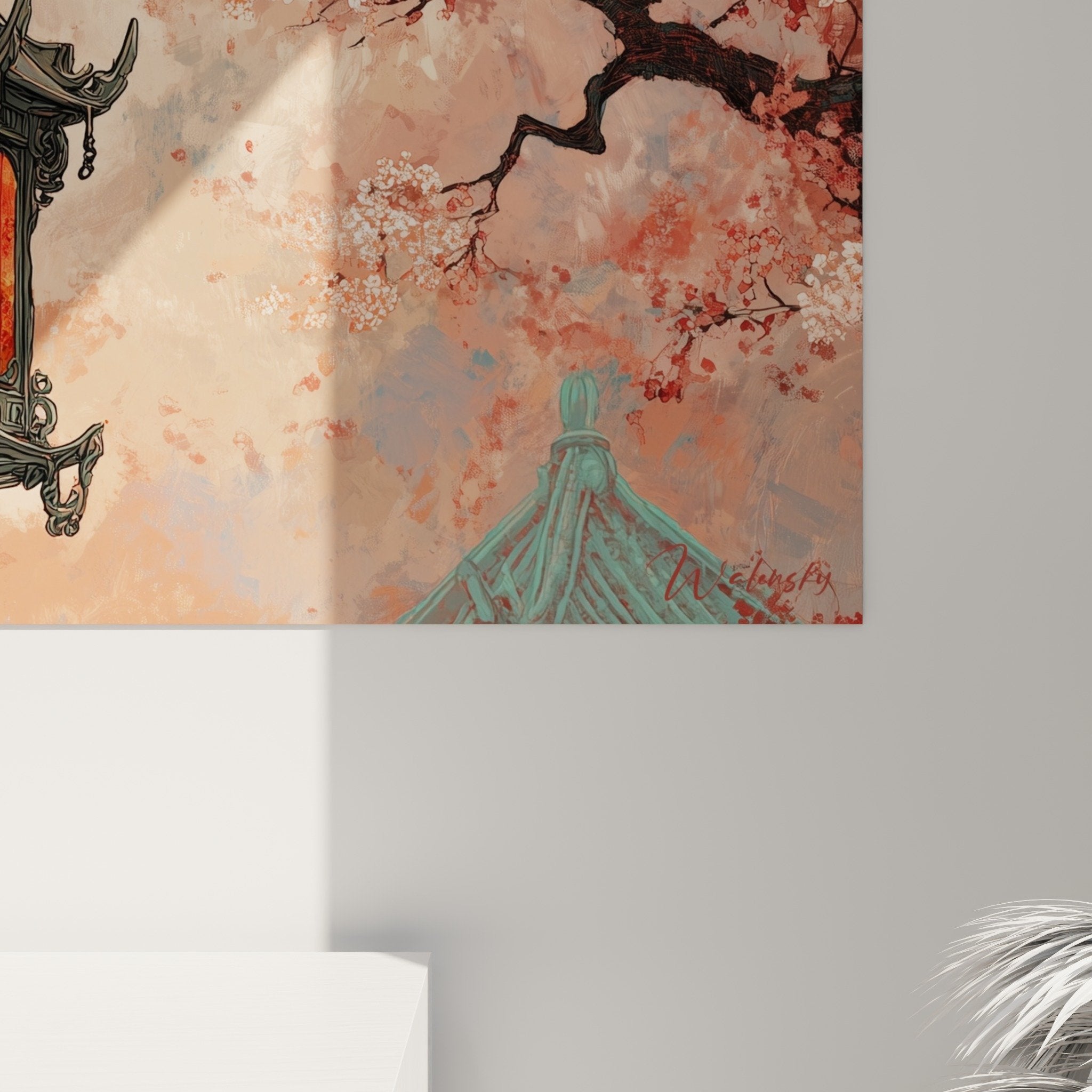 Vue d'ensemble tableau panoramique lanterne orientale cerisiers fleurs roses décoration murale zen