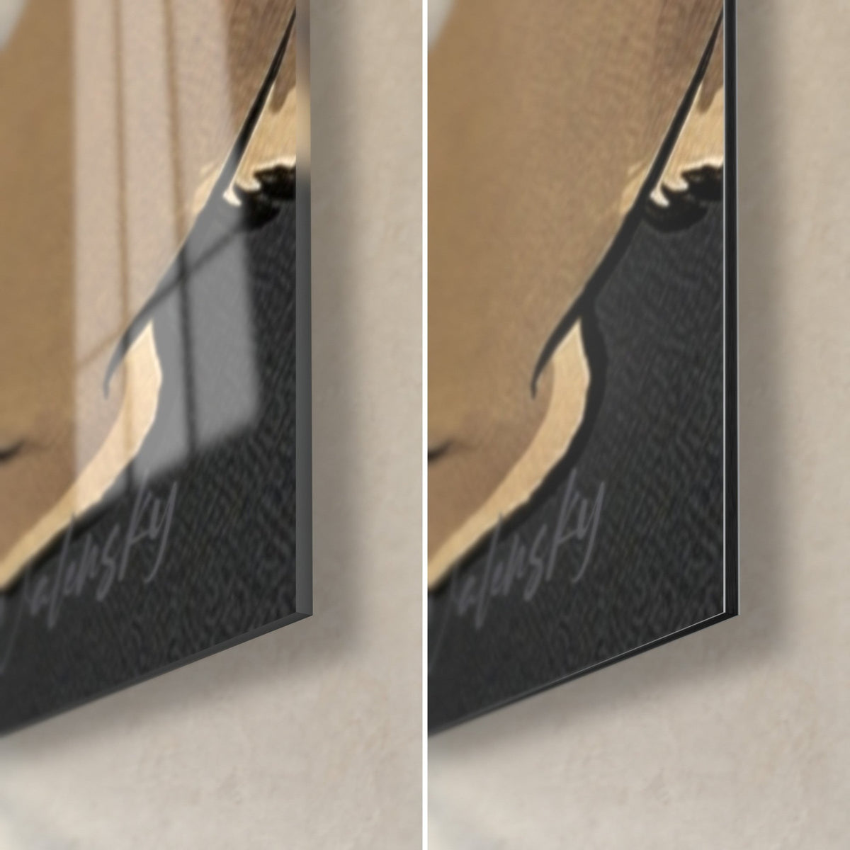 Wall art rabbits on a black background, bottom right corner: glossy acrylic glass with reflections, matte Dibond aluminium, 3 mm edge, Walensky signature