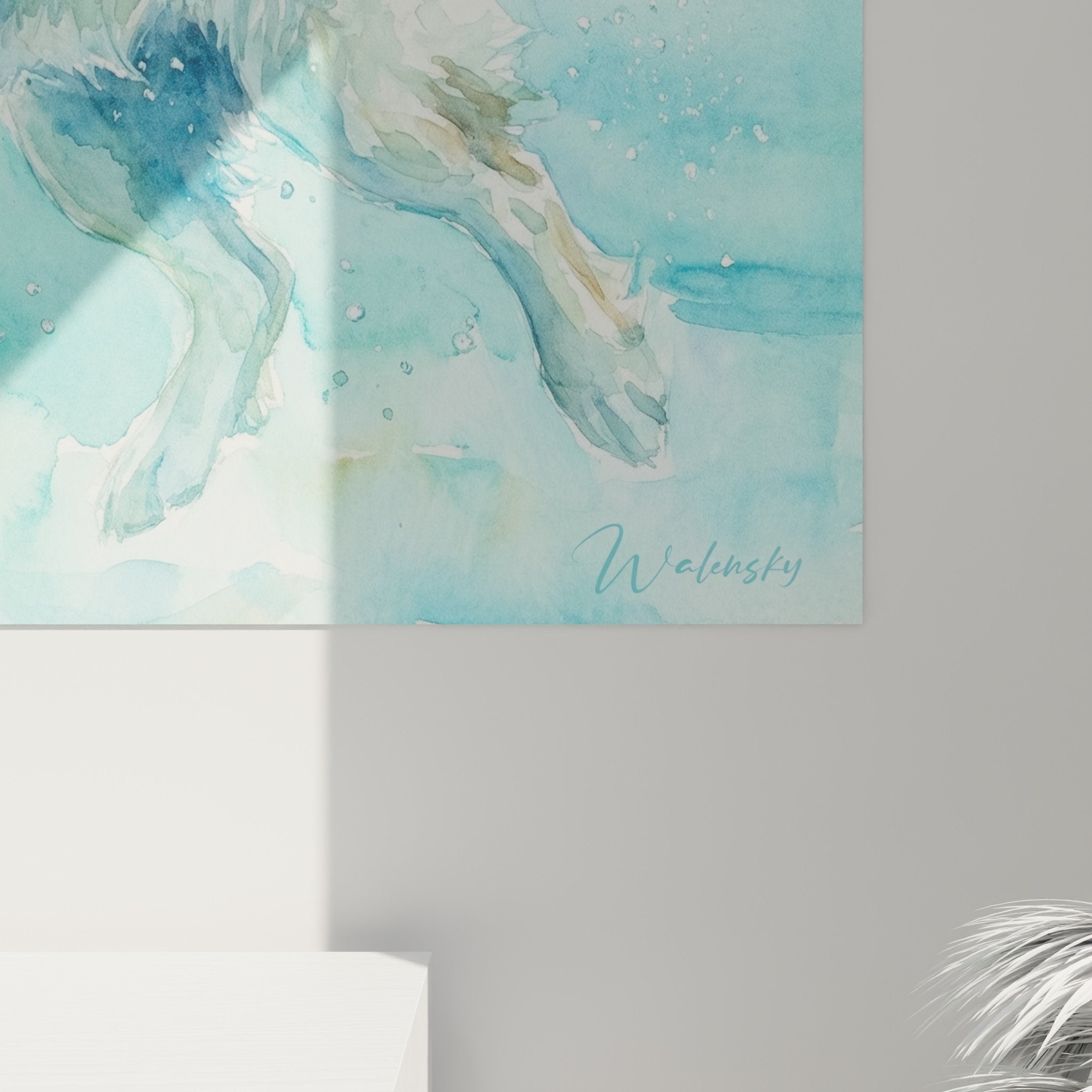Vue d'ensemble tableau mural Leonberg nageant, composition aquatique turquoise, art animalier contemporain