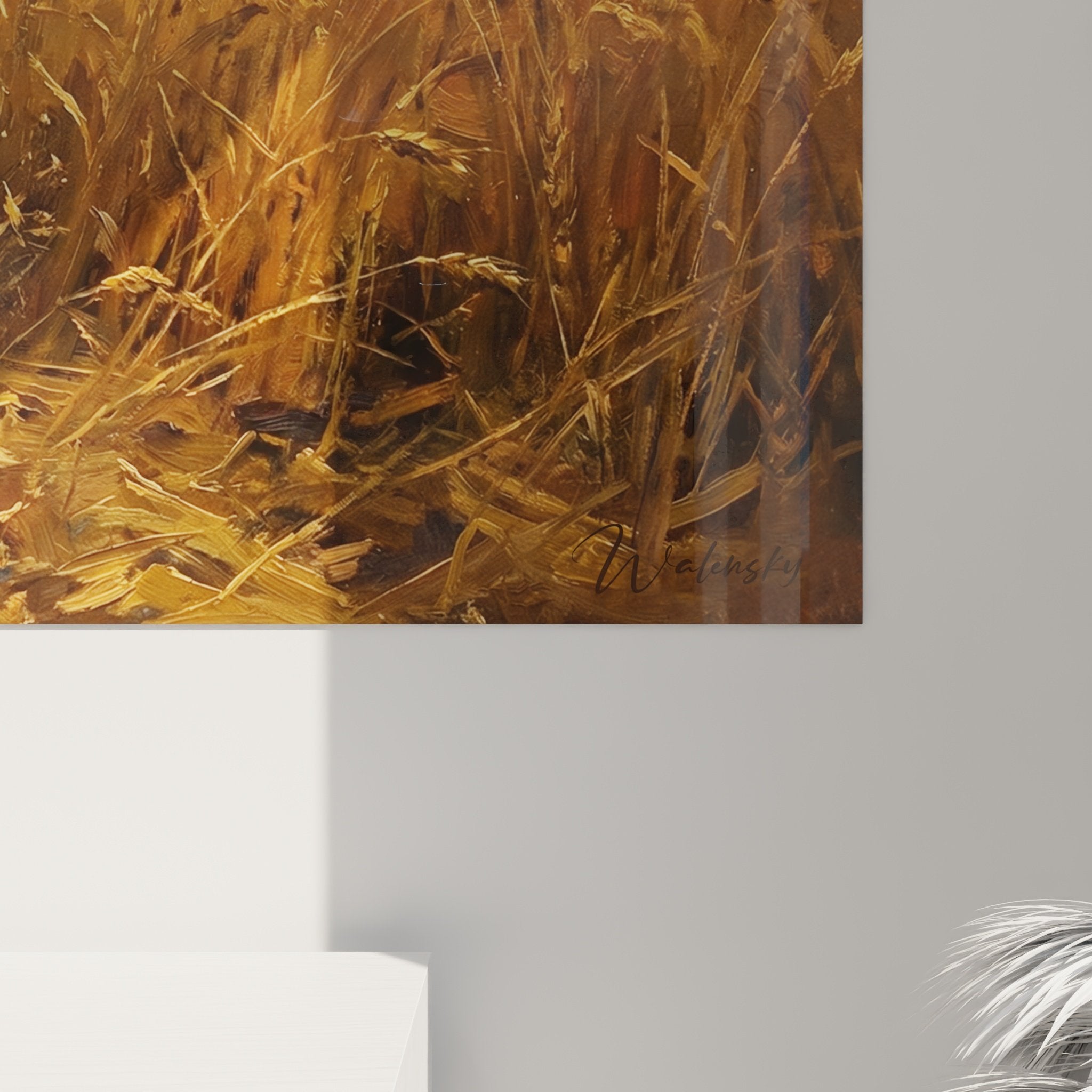 Vue ensemble tableau leonberg décoration murale tons ocre bronze ambiance nature champêtre salon