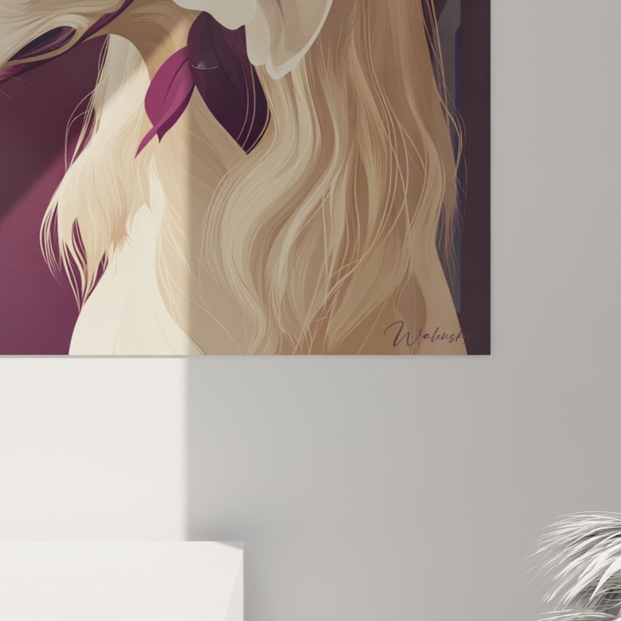 Vue d'ensemble tableau décoratif lévrier afghan floral, œuvre d'art murale style portrait classique tons dorés