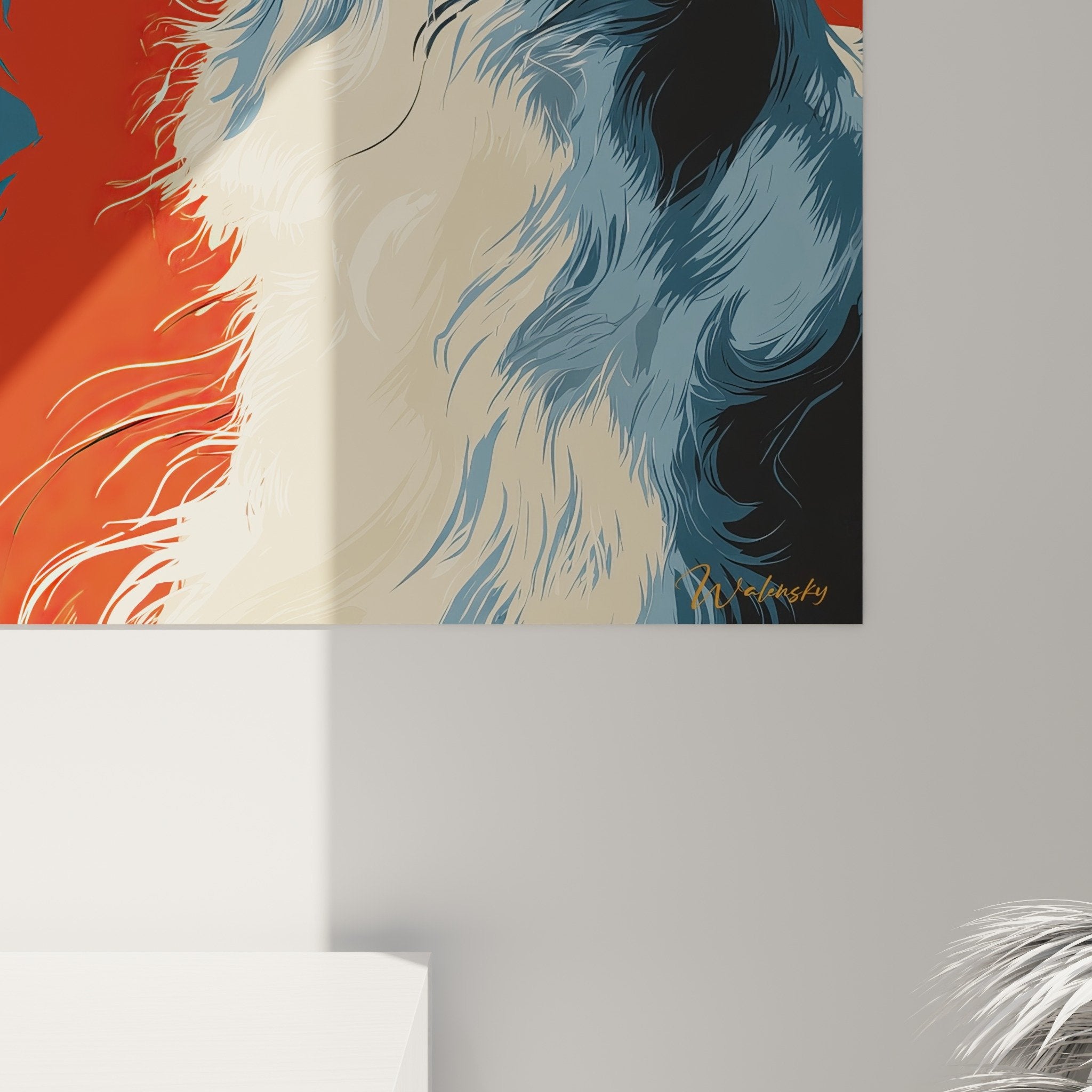 Vue d'ensemble tableau lévrier barzoi style géométrique moderne dans intérieur contemporain élégant