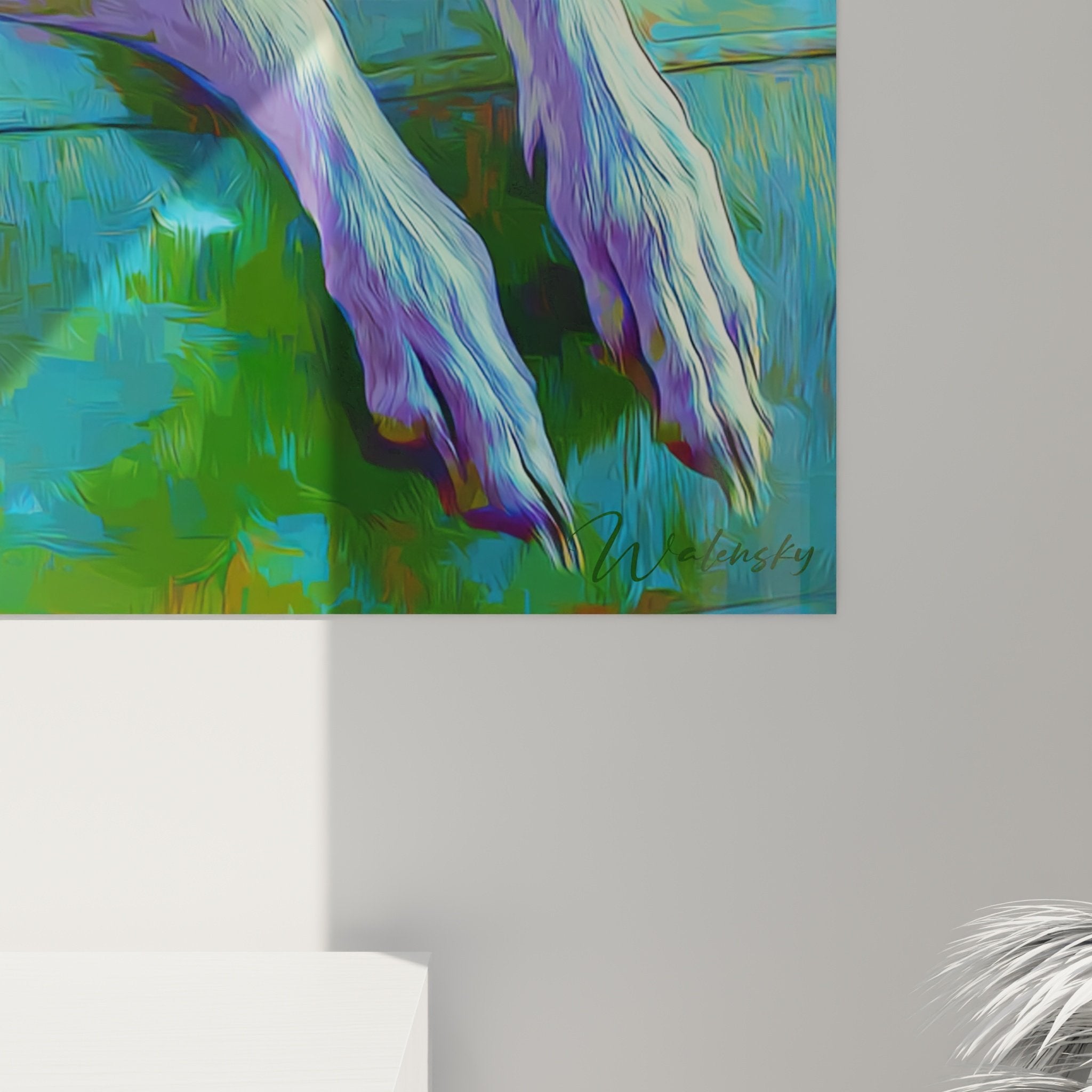 Vue d'ensemble du tableau Lévrier Whippet psychédélique dans un intérieur contemporain élégant