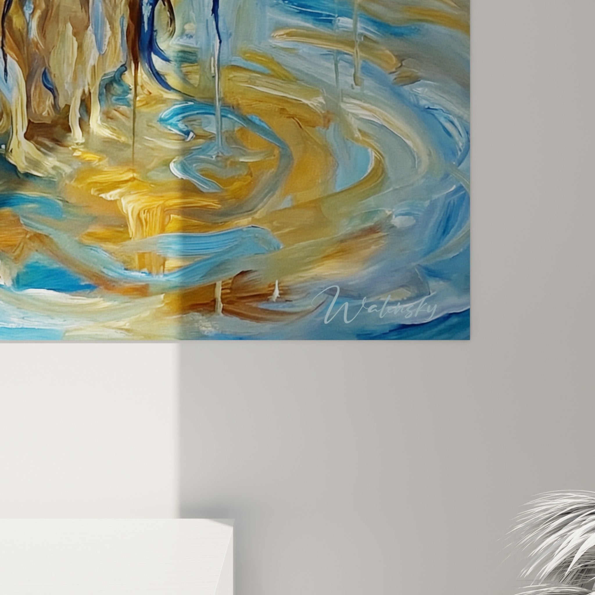 Vue d'ensemble tableau Lhassa Apso reflets aquatiques palette chromatique bleu acier doré cuivré