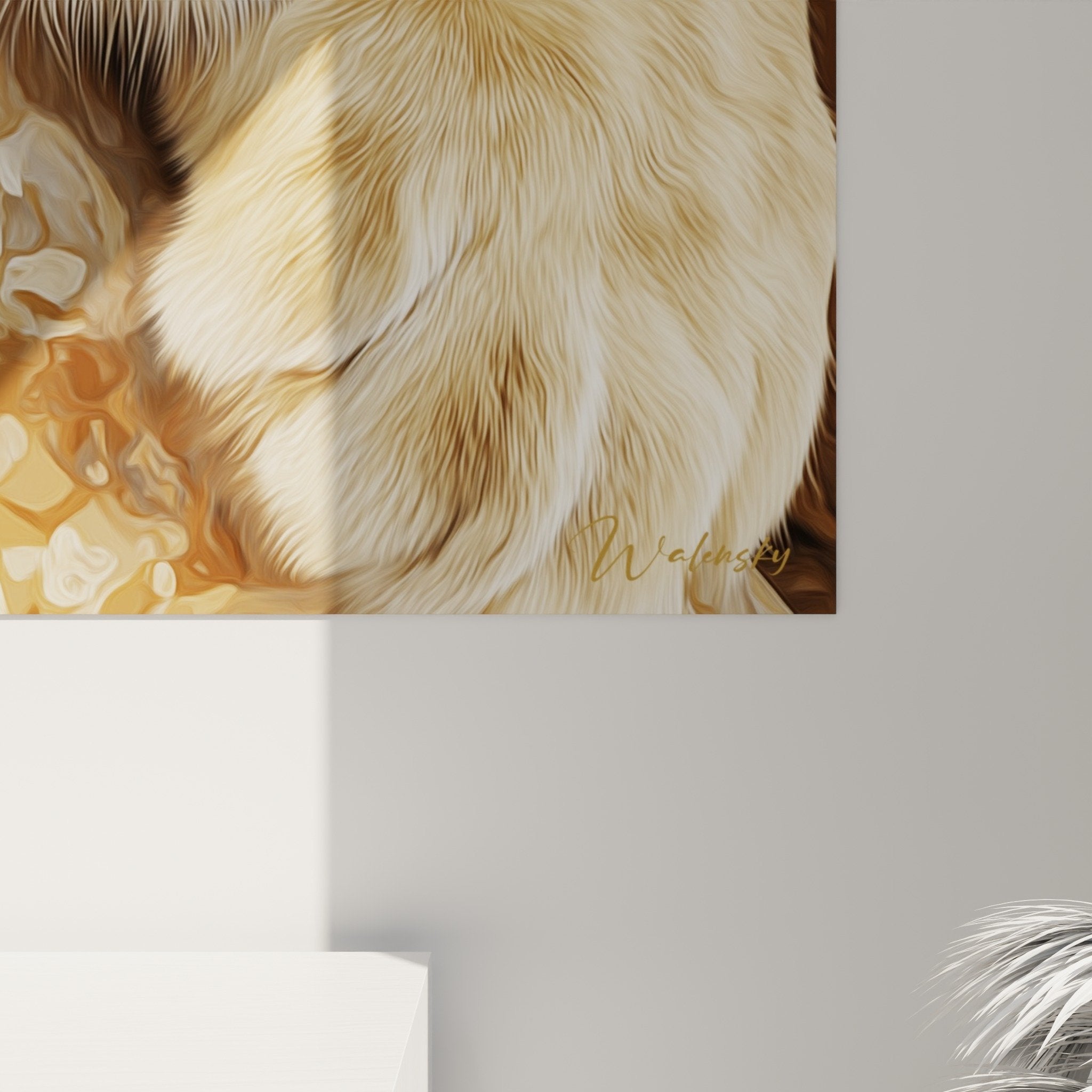 Overall view of lion artwork in ochre tones in modern interior wall decoration