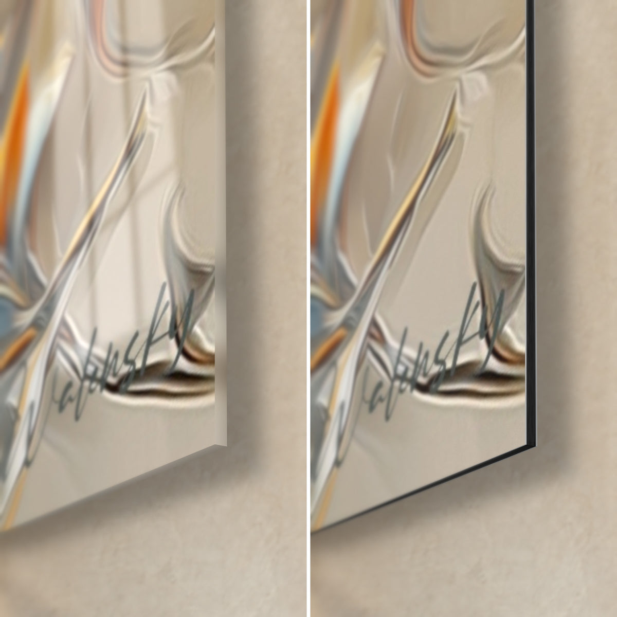 Schilderij van de koning der dieren, witte signatuur rechtsonder, glanzend acrylglas links, mat zwart Dibond rechts