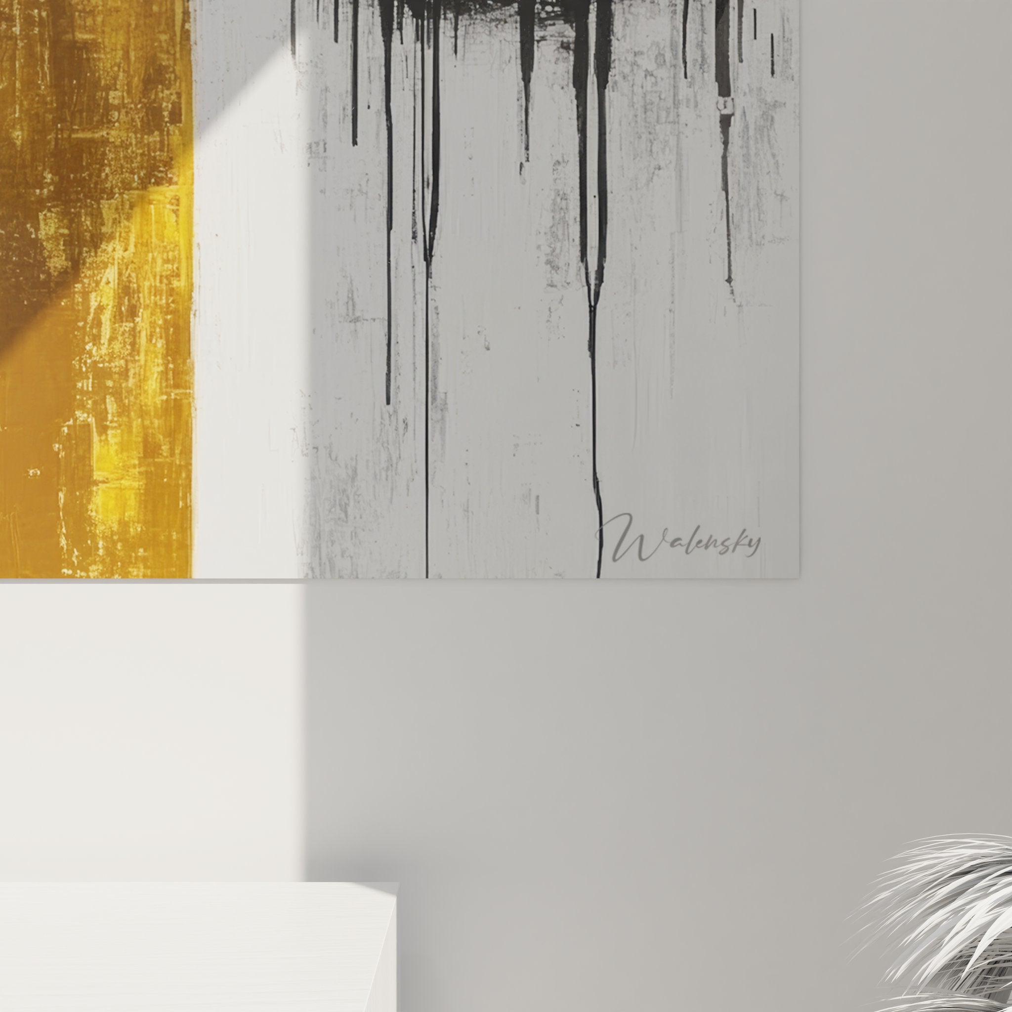 Vue ensemble tableau abstrait coulée liquide gold, œuvre art moderne mural décoratif tons dorés contrastés