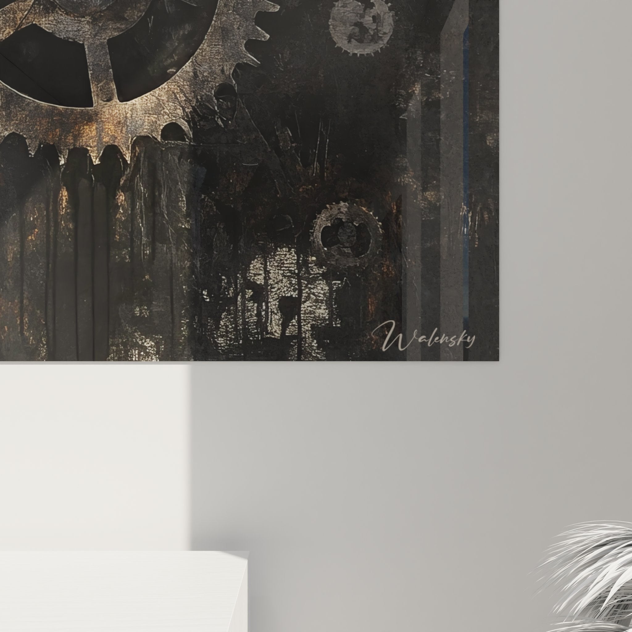 Vue d'ensemble du tableau mural machines engrenages avec composition mécanique complète