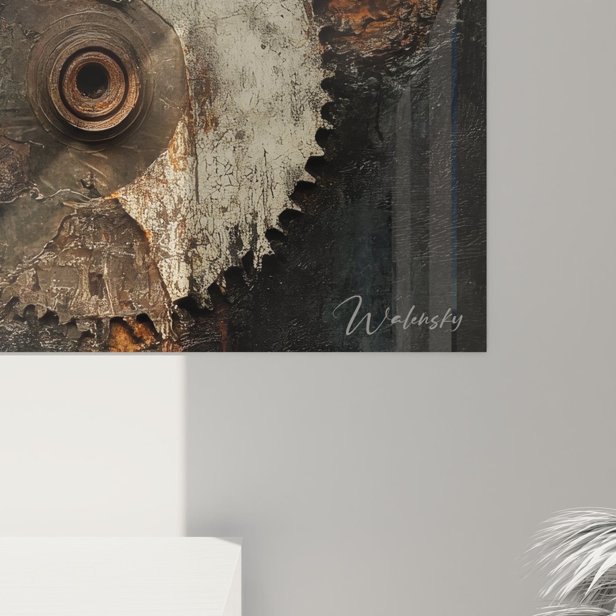 Vue ensemble tableau machines engrenages vintage décoration murale industrielle tons dorés