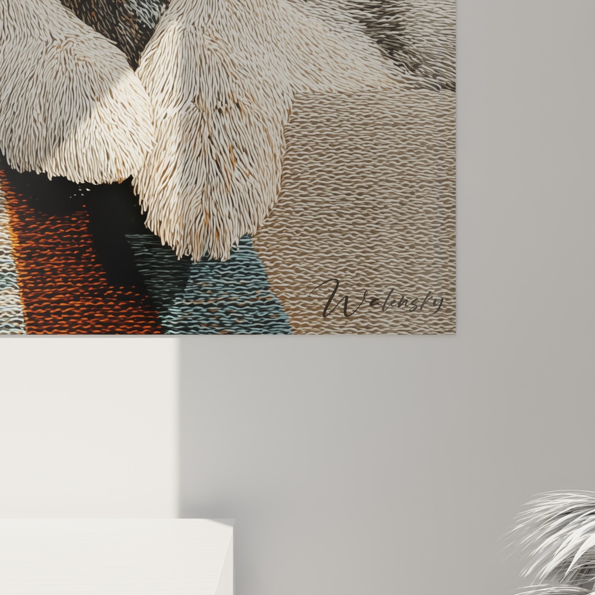 Vue d'ensemble tableau mural Malamute Alaska - composition artistique motifs colorés style tapisserie moderne