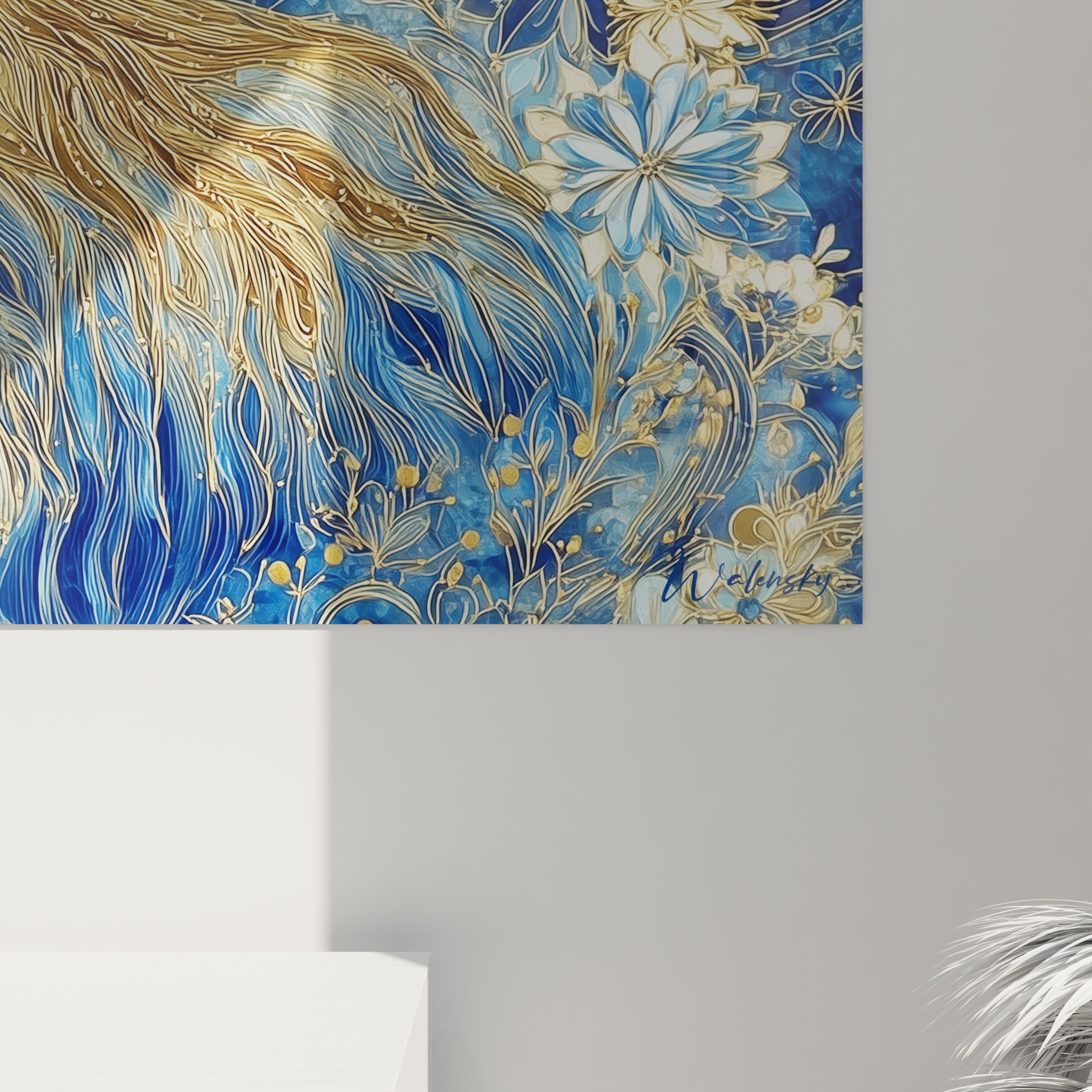 Vue ensemble tableau mammouth laineux art mural décoratif bleu or motifs floraux