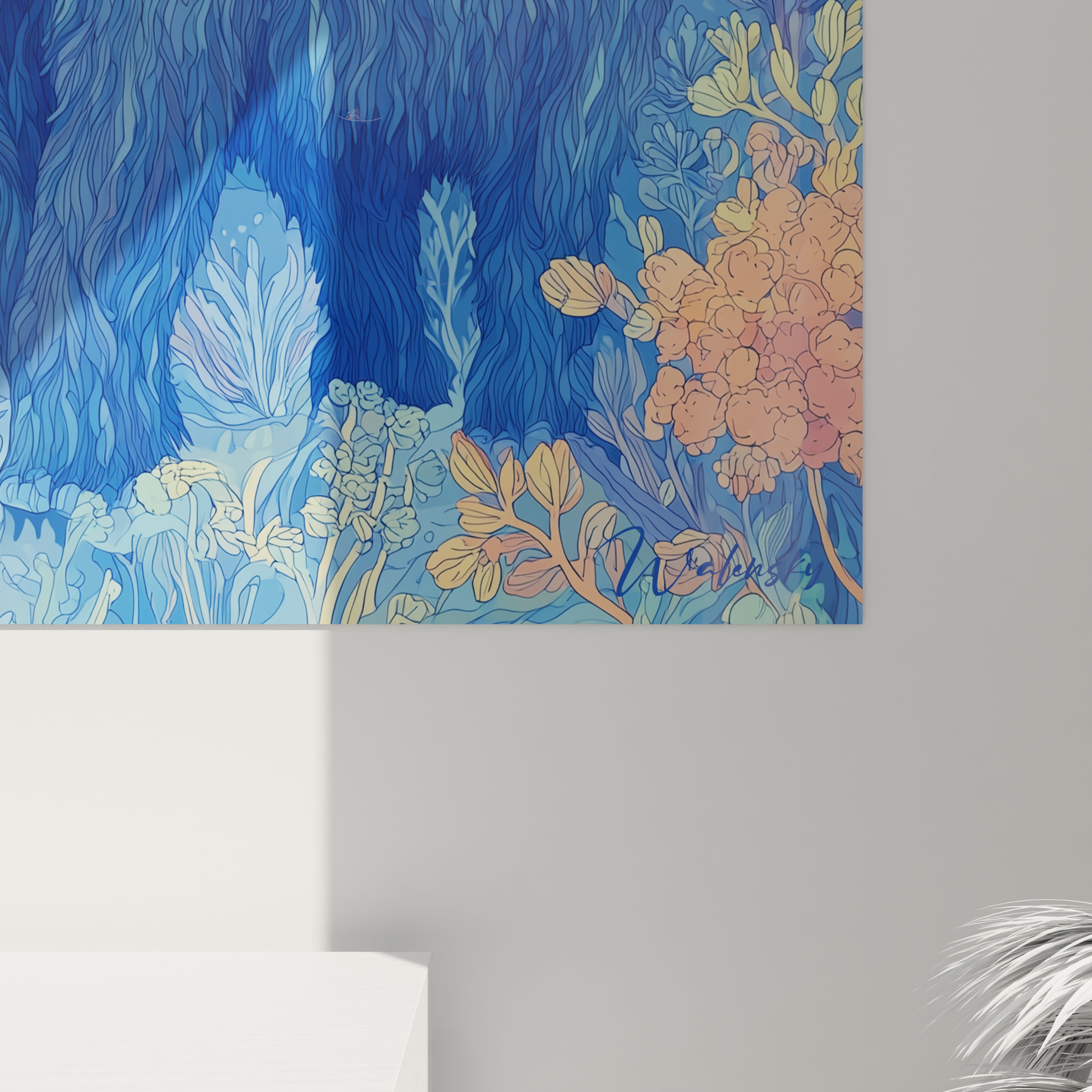 Vue d'ensemble tableau mural mammouth préhistorique jardin floral bleu décoration murale artistique