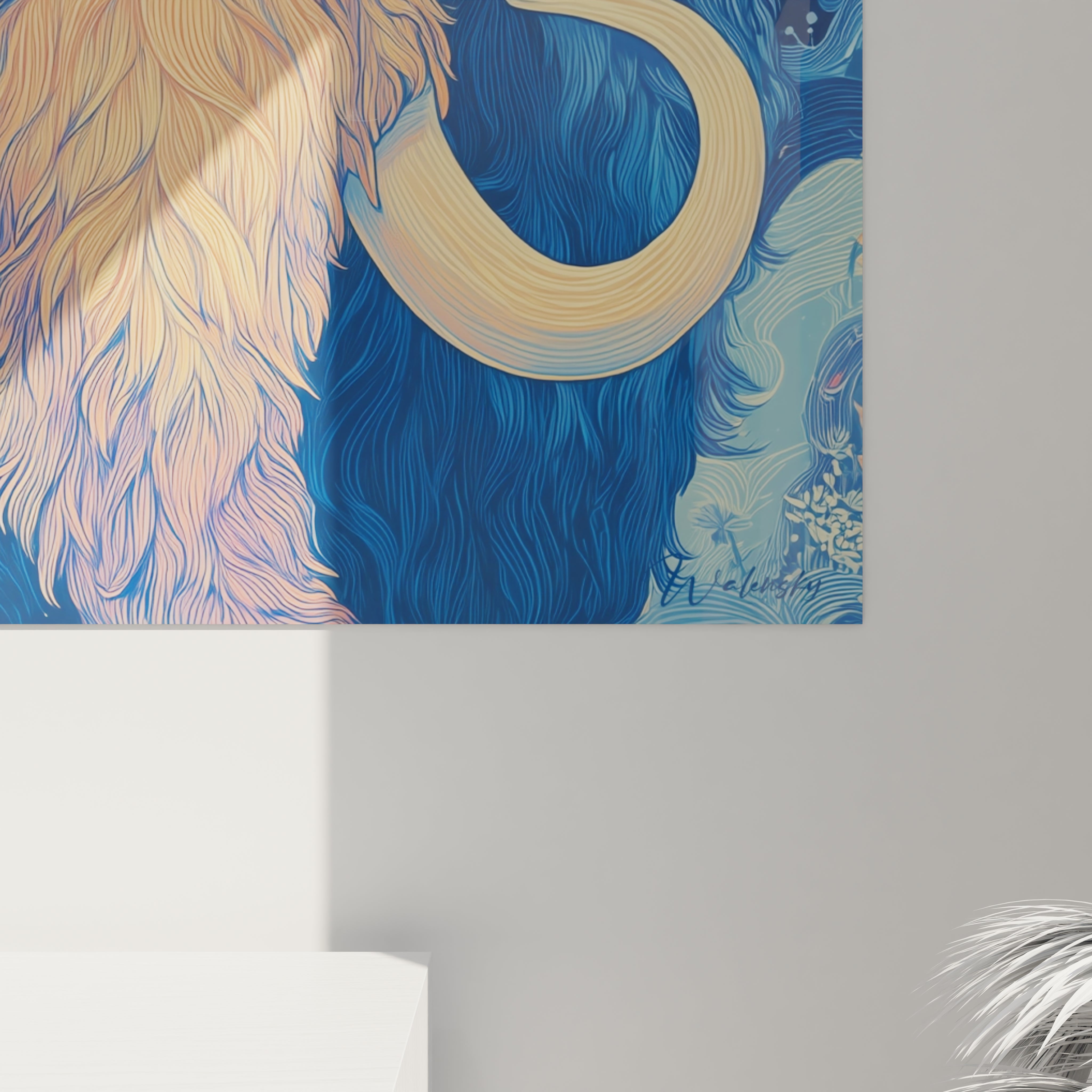 Vue ensemble tableau mammouth laineux tourbillons bleus - œuvre art mural style impressionniste