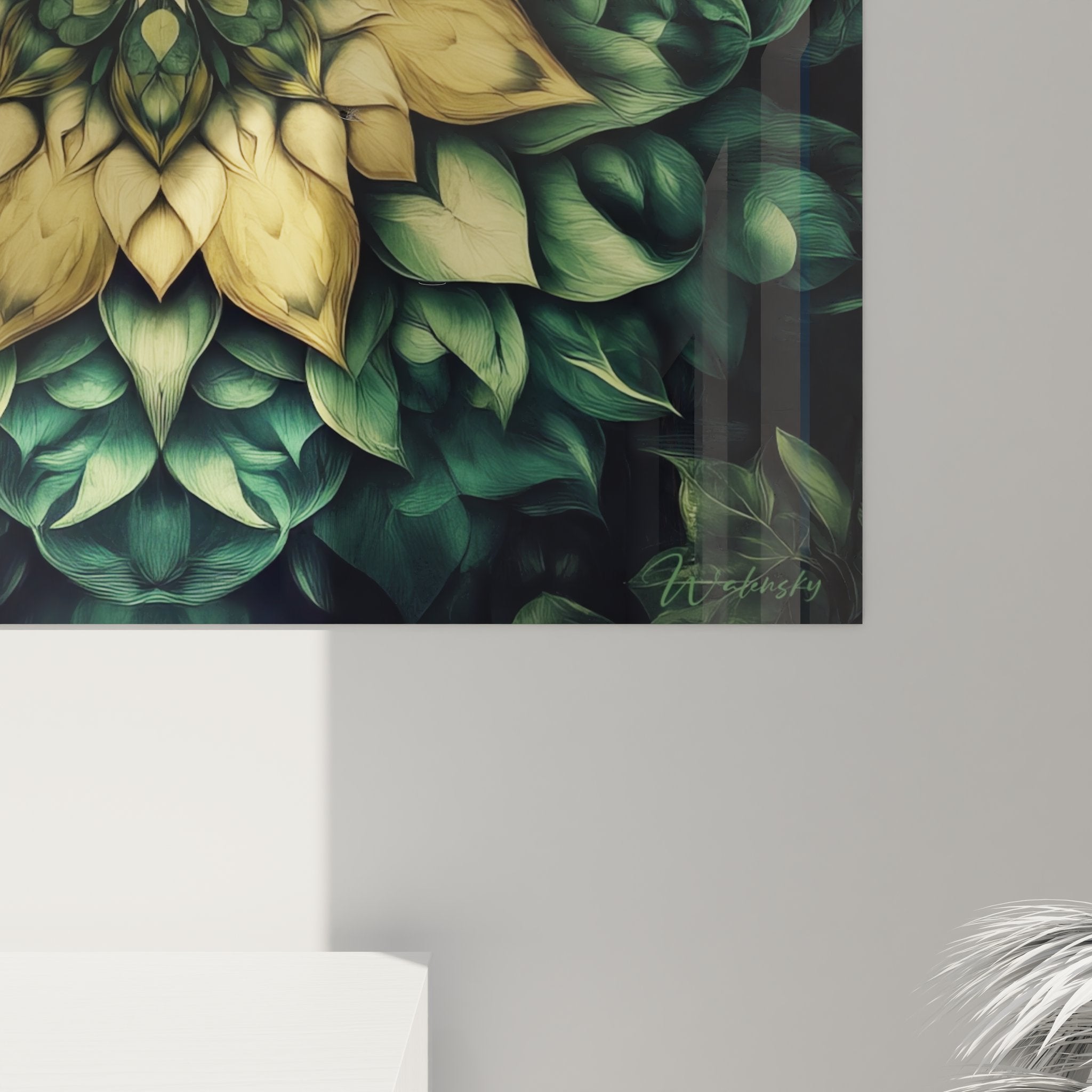 Vue d'ensemble du tableau mandala végétal fractale exposé sur mur blanc moderne