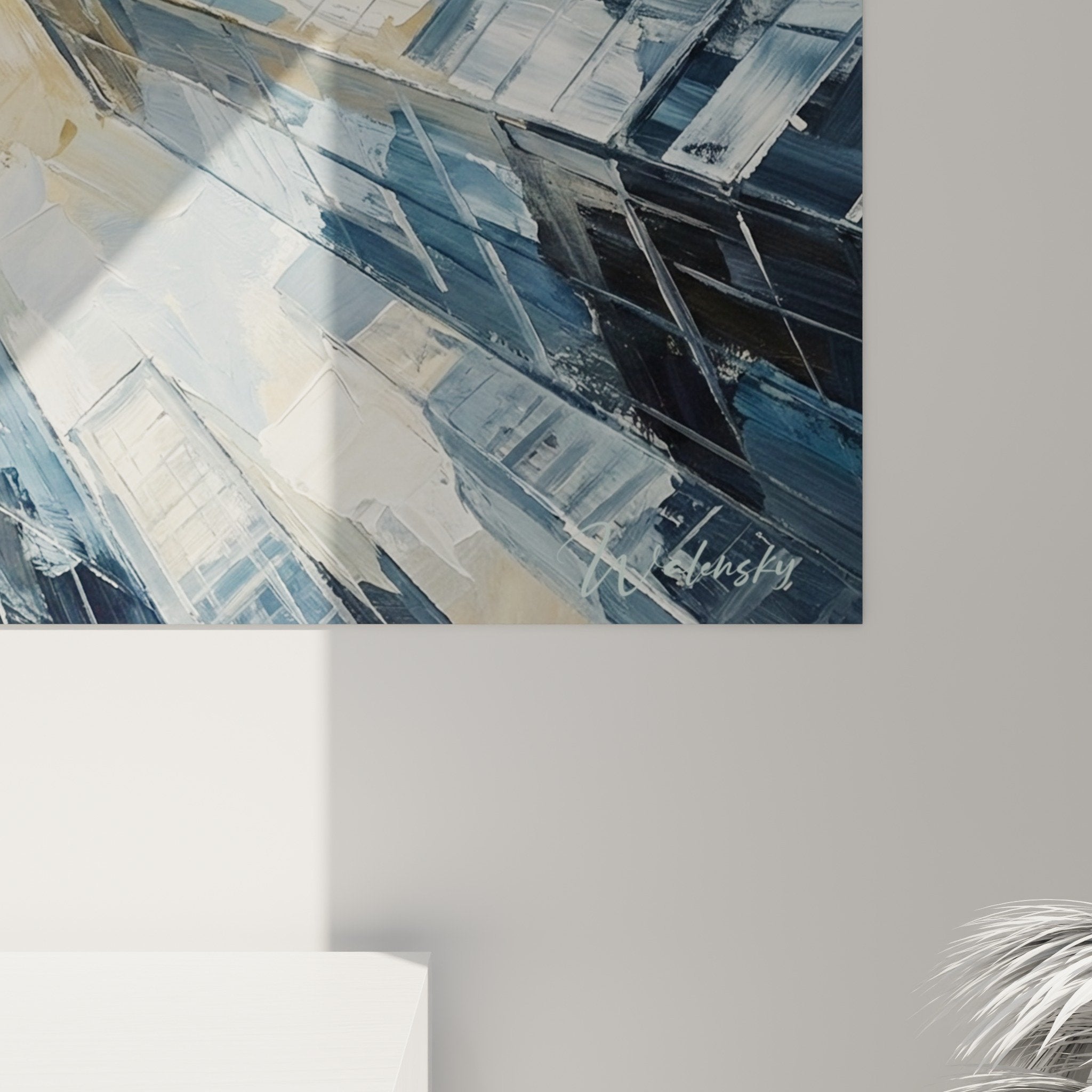 Vue ensemble tableau Manhattan decoration salon moderne perspective urbaine bleu dore style contemporain