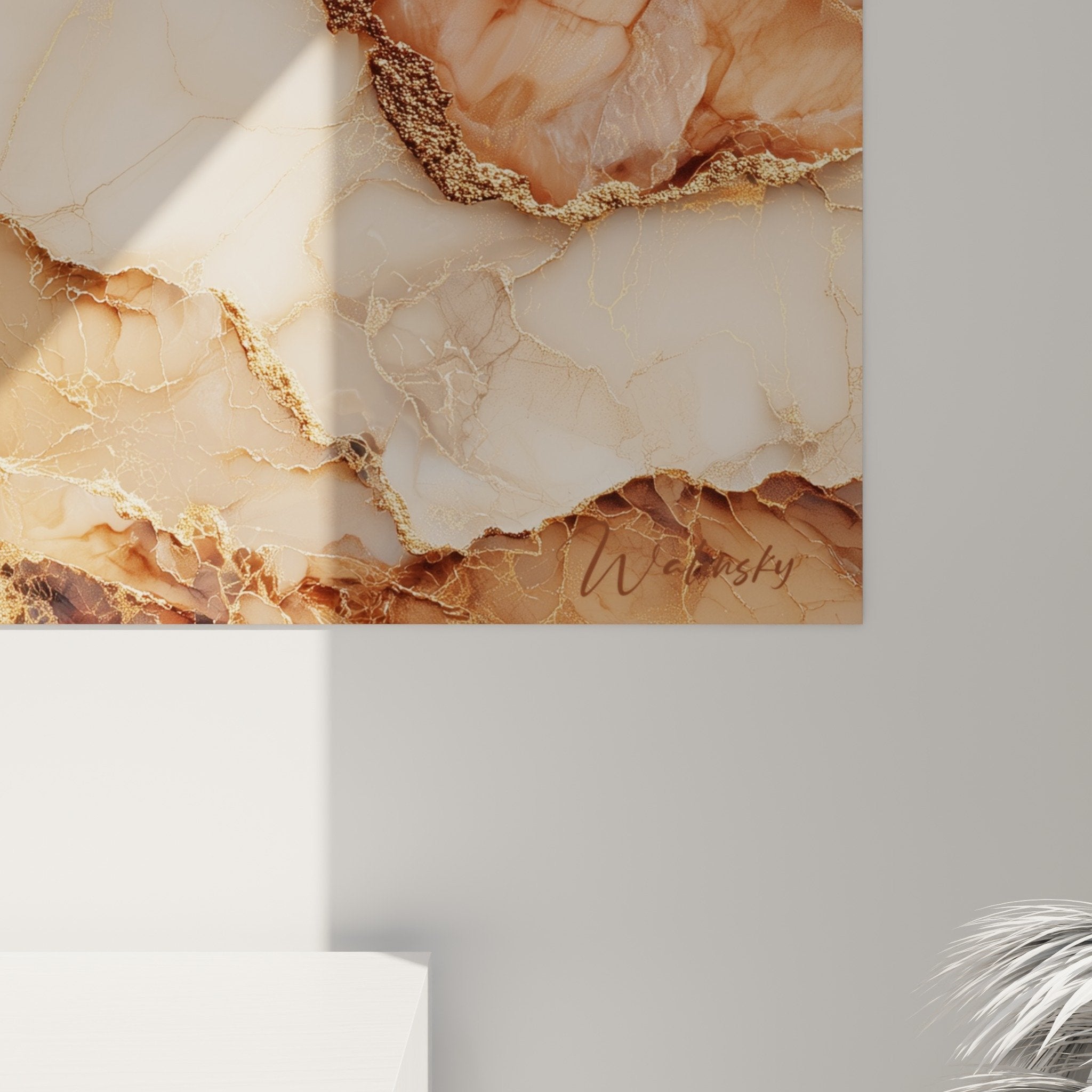 Overview of abstract marble wall art in gold and terracotta in contemporary interior