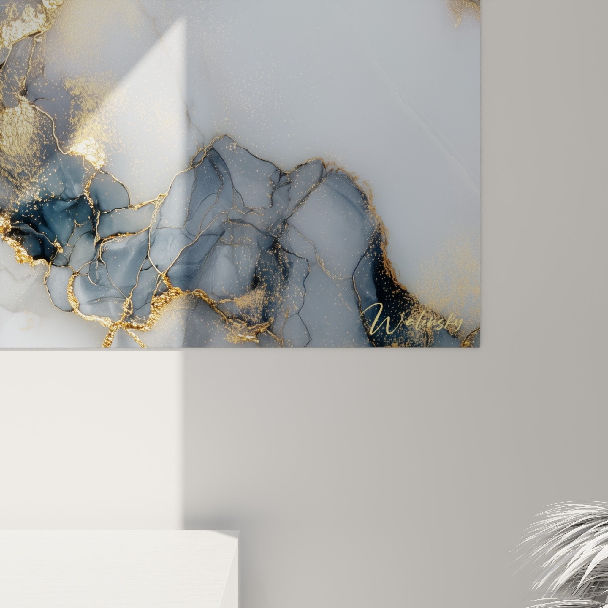 Overview of abstract marble golden wall art in modern contemporary living room interior