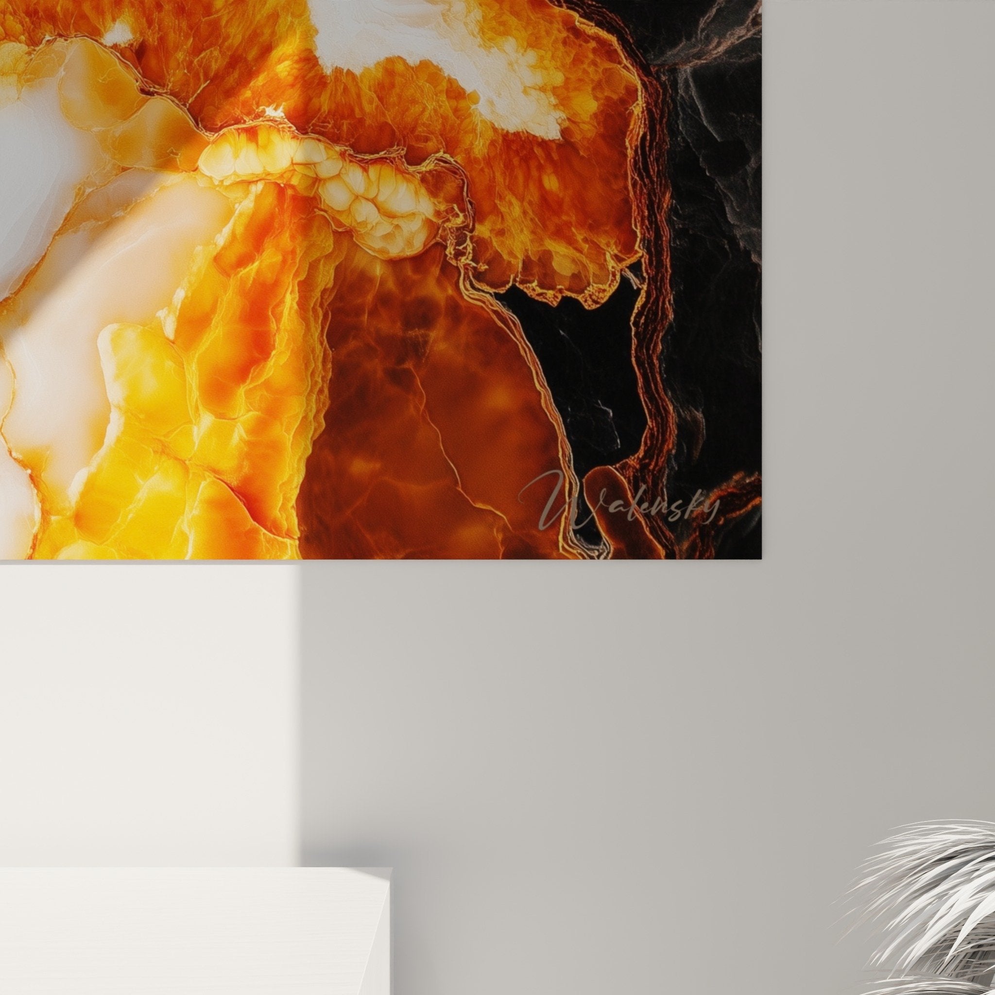 Vue ensemble tableau marbre abstrait orange blanc noir dans interieur moderne salon decoration