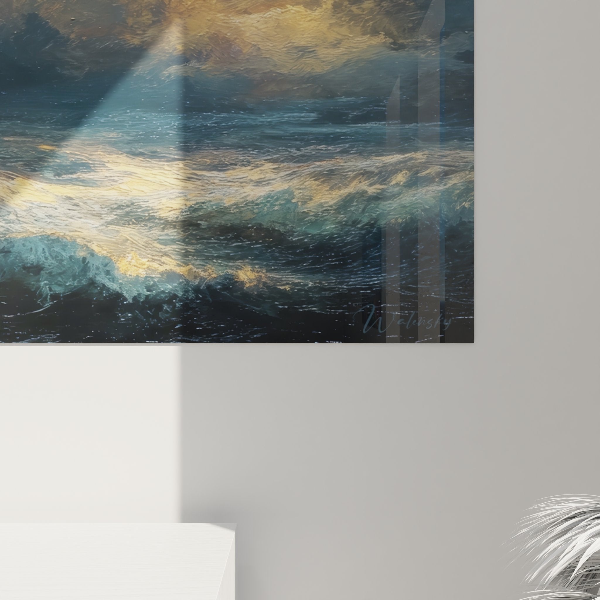 Vue ensemble tableau tempête océanique - œuvre art maritime vagues dorées nuages orageux