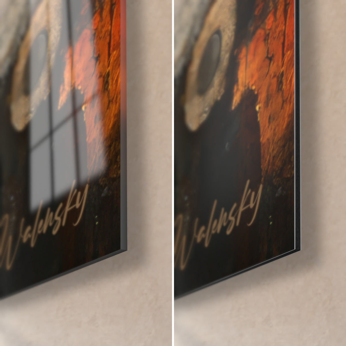Schilderij van roestoranje tandwielen, rechtsonder in beeld, glanzend acrylglas links, mat Dibond-aluminium rechts, 3 mm dik