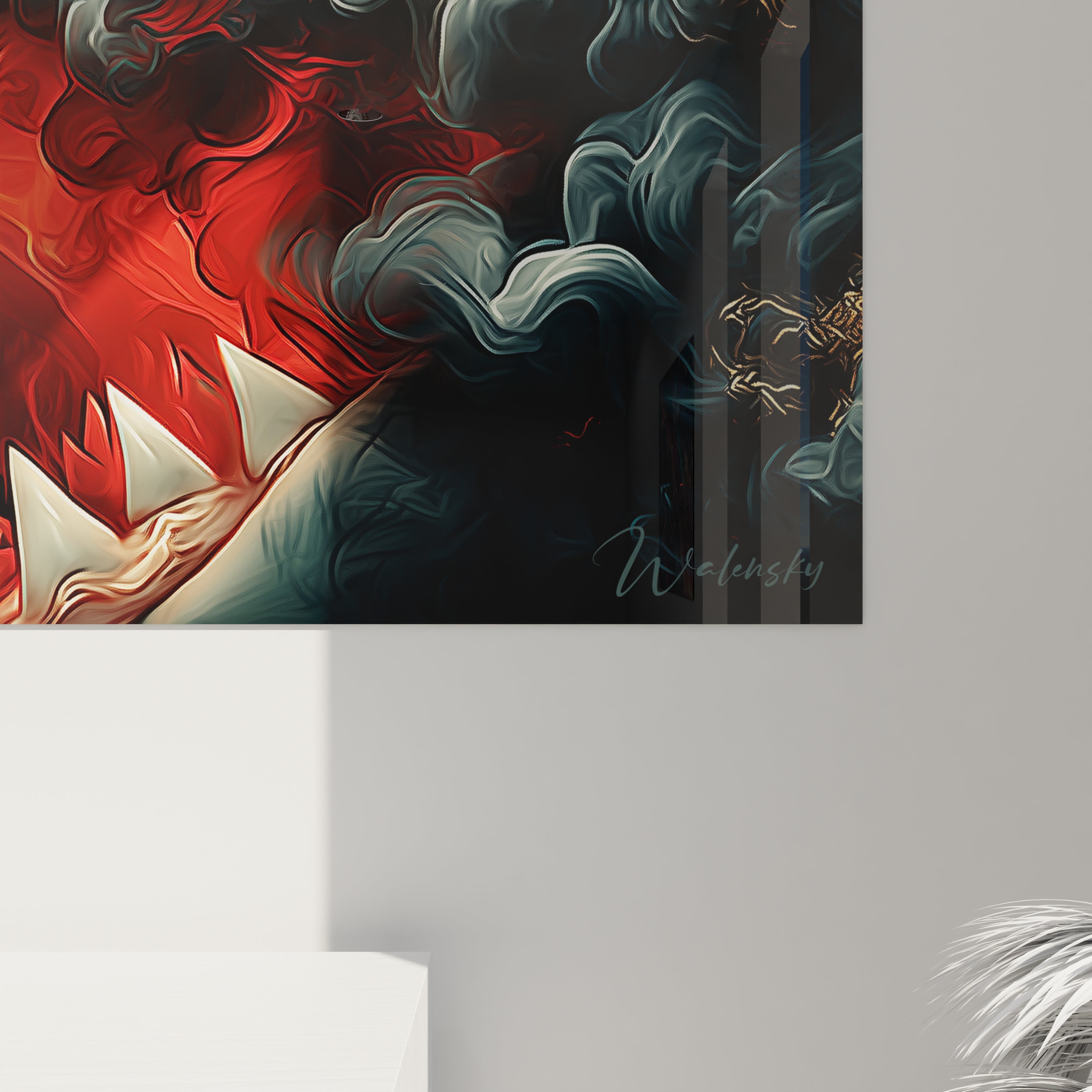 Vue ensemble tableau mégalodon décoration murale complète requin préhistorique art moderne salon