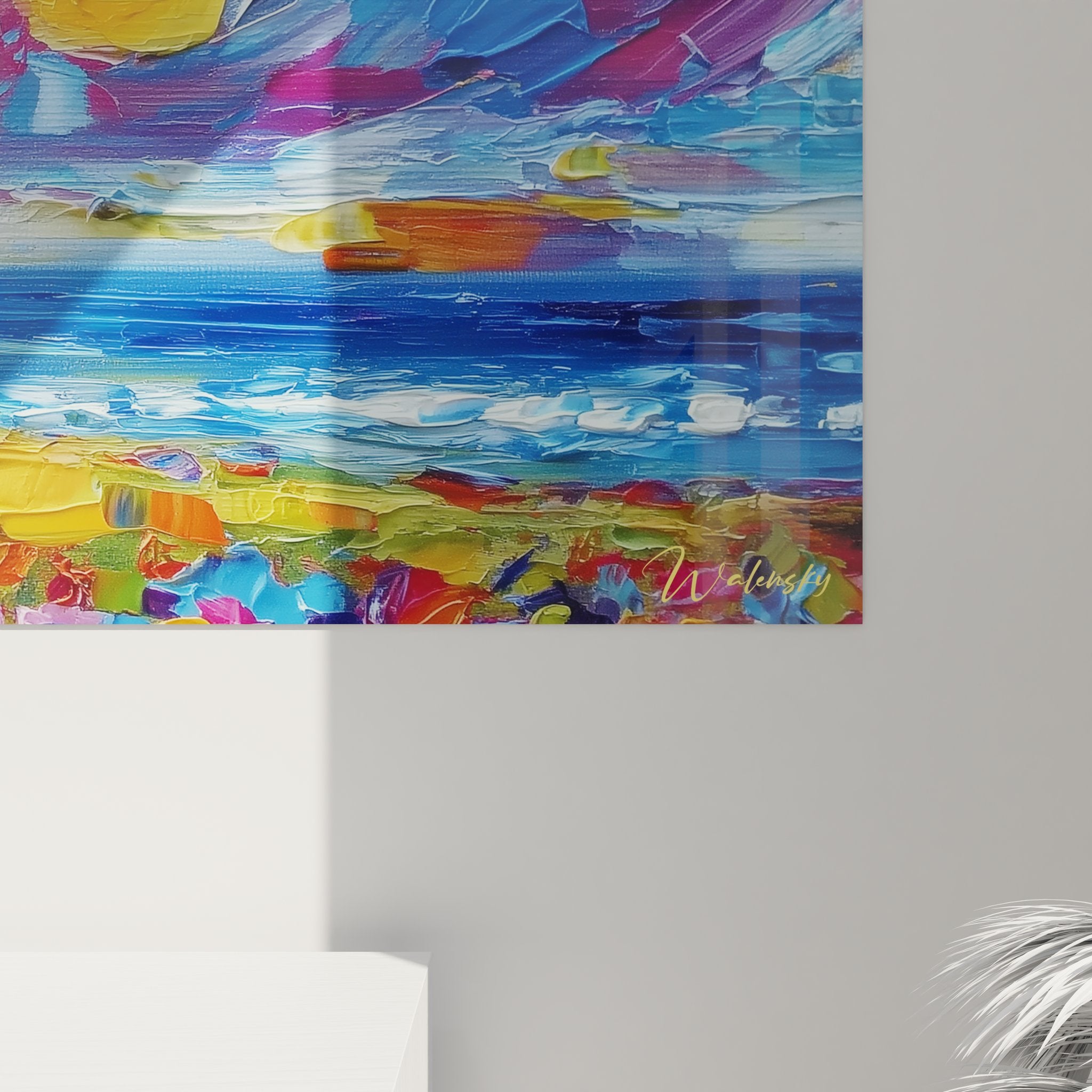 Vue ensemble tableau moaï île de Pâques coloré, œuvre art mural polynésien décoration moderne