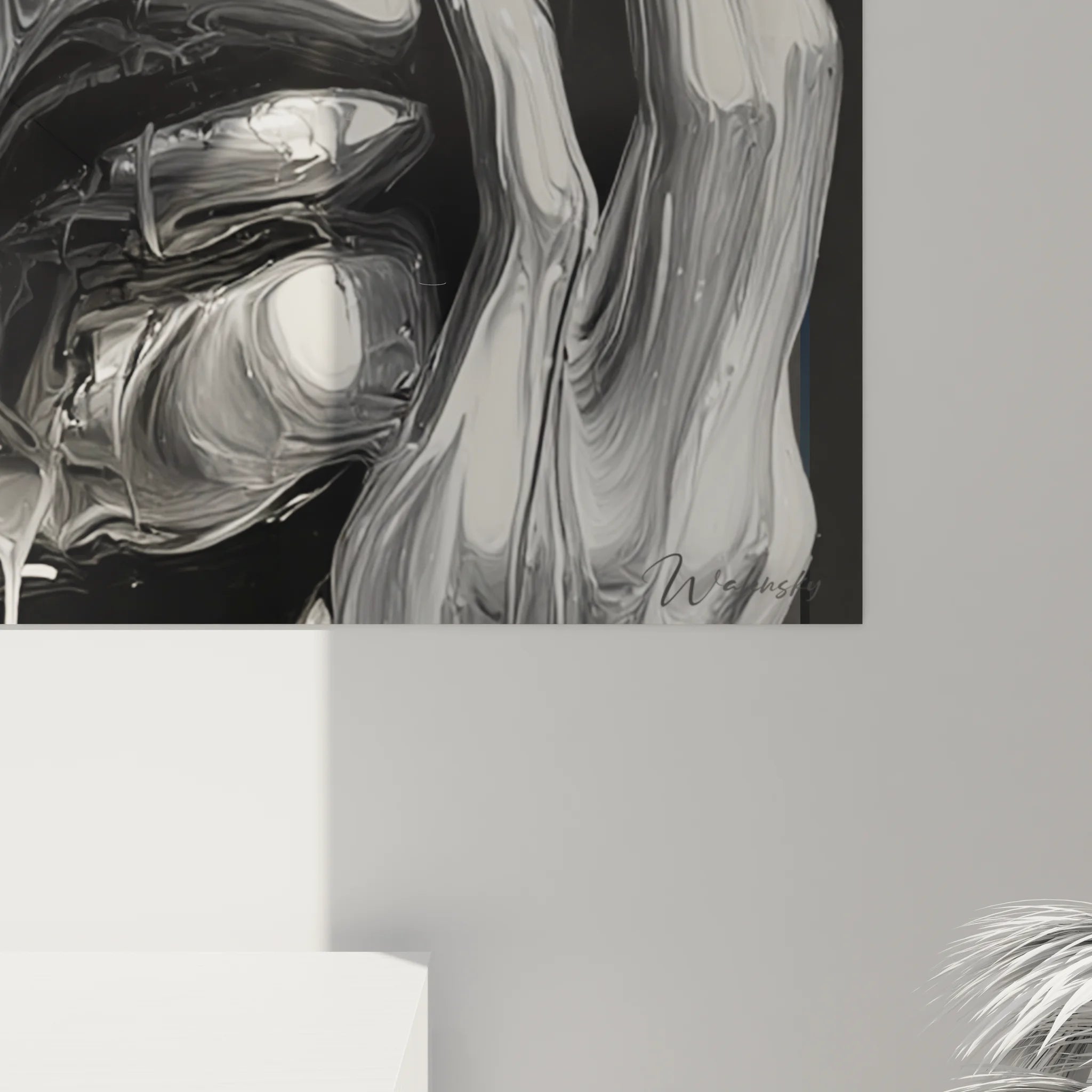 Vue ensemble tableau moderne visage abstrait noir blanc, art mural contemporain décoratif