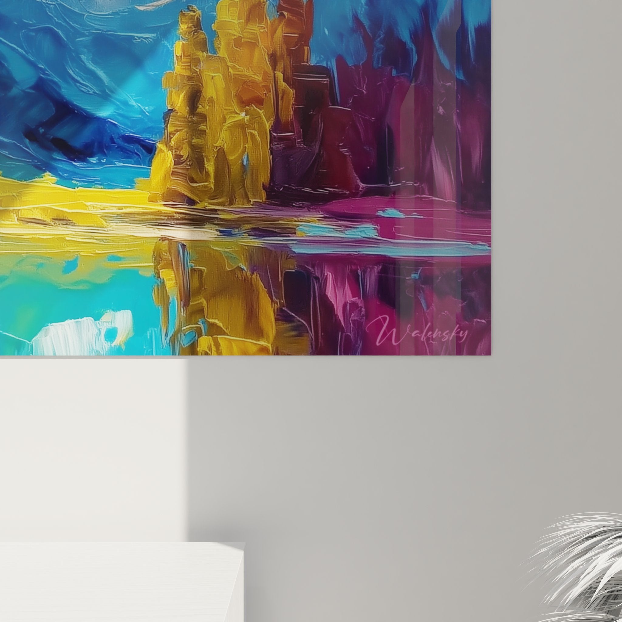 Vue ensemble tableau montagne mural, art alpin décoratif avec sommets et reflet eau