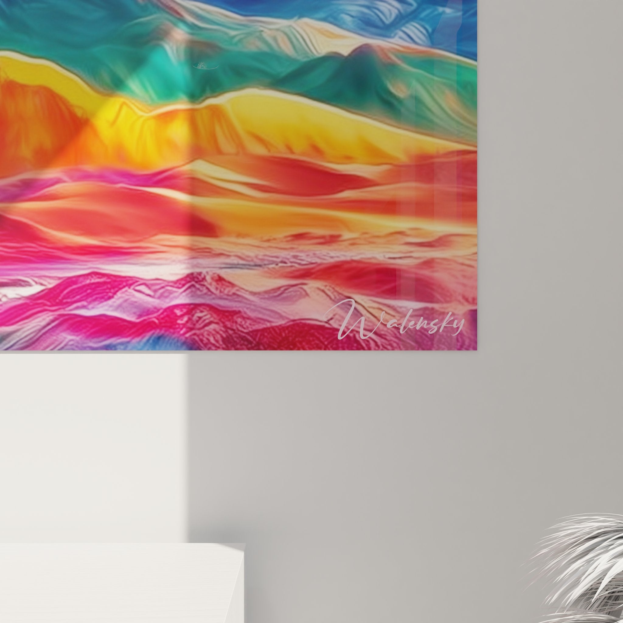 Full view of fantastical mountain landscape wall art in multicolor with planet, modern home decor