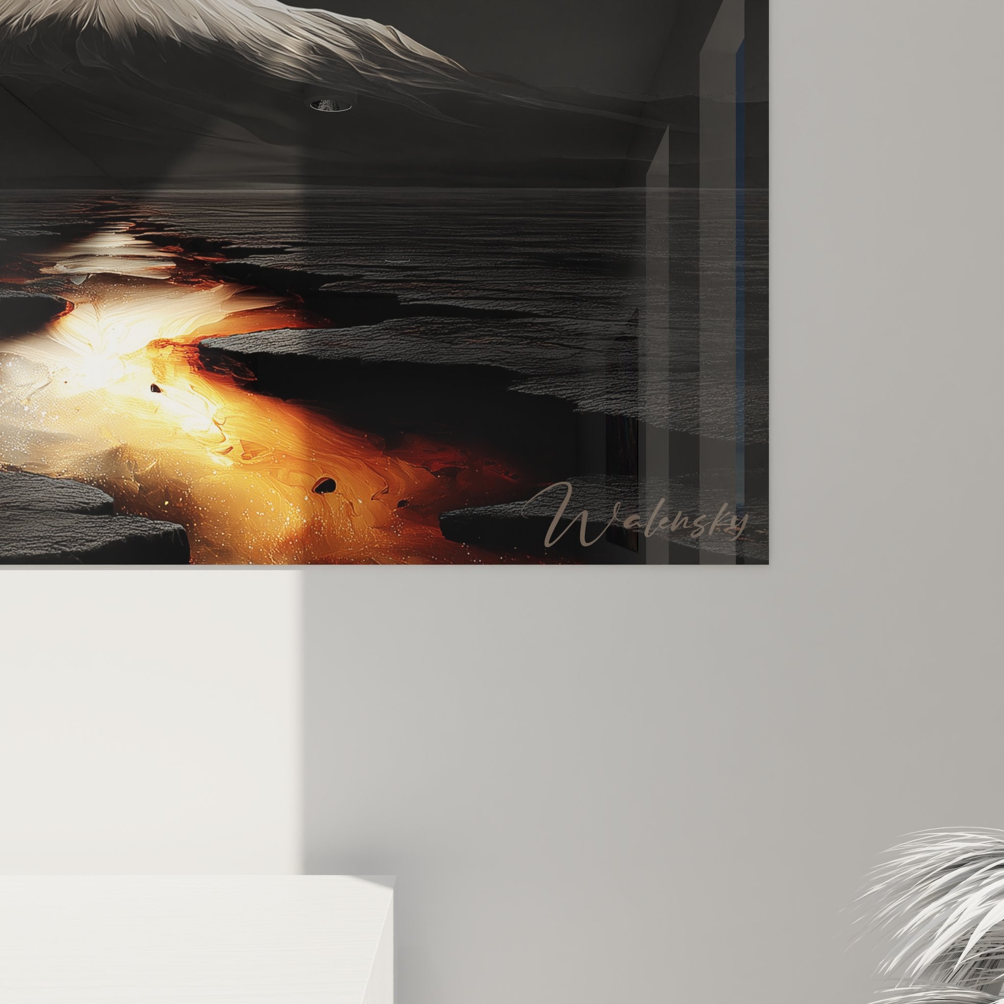 Vue ensemble tableau décoratif montagne nébuleuse avec reflets sur eau et ciel étoilé