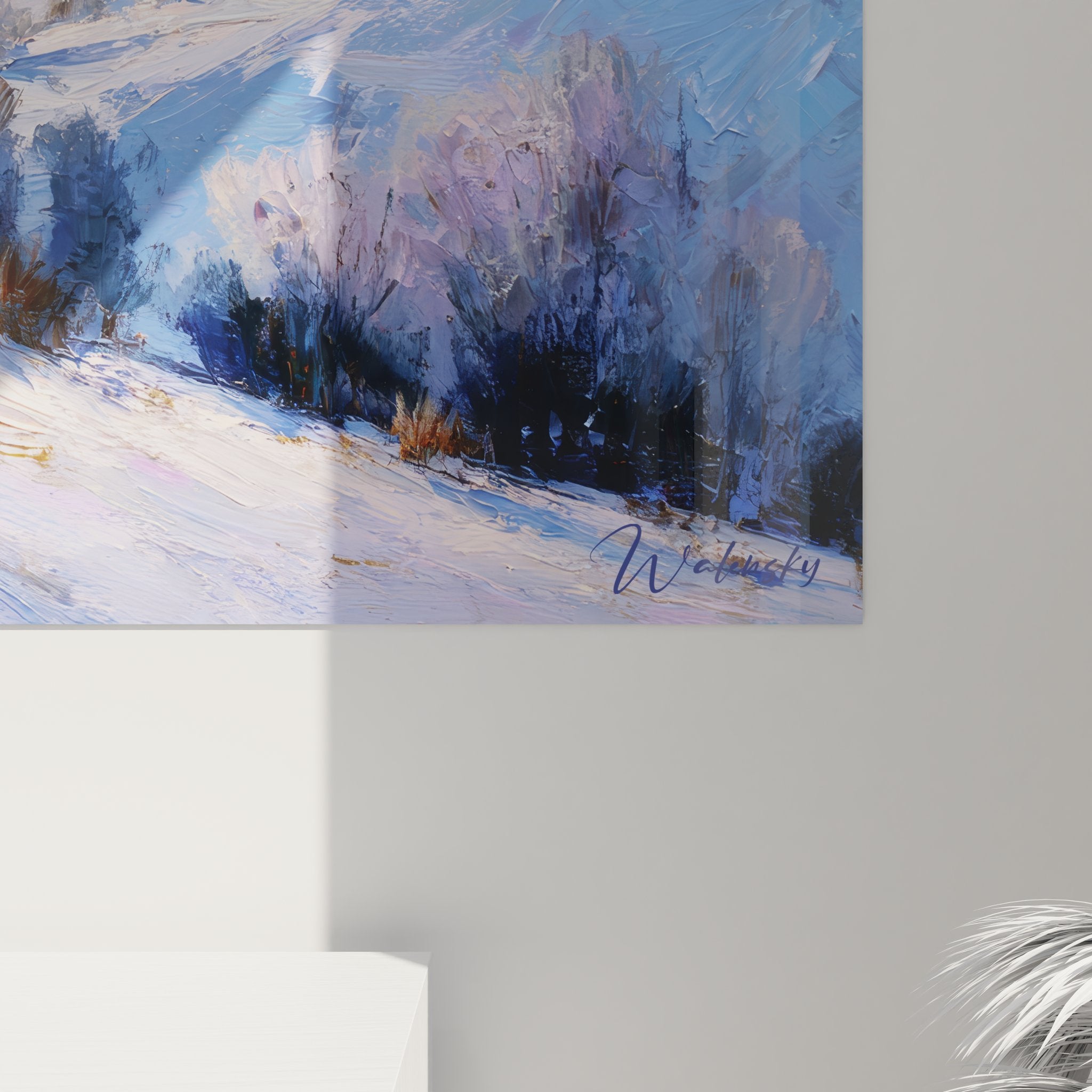 Vue ensemble tableau paysage montagne hiver accroché au mur montrant vallée enneigée complète