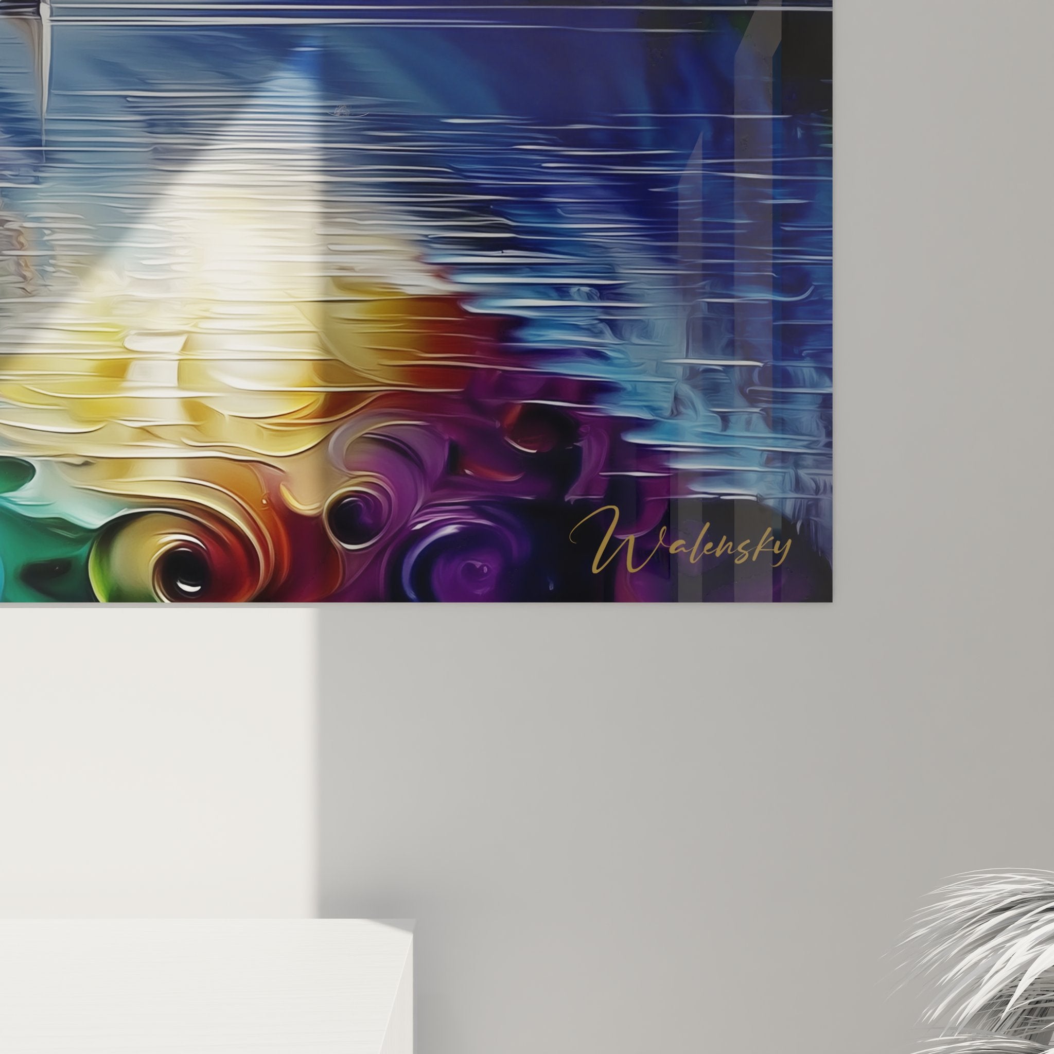 Vue d'ensemble tableau décoratif lac montagne reflets cosmiques dans salon moderne