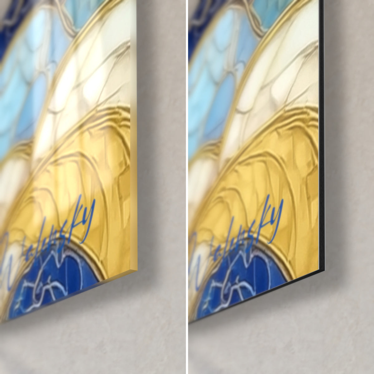 Gemälde Heißluftballon im Mosaik, untere rechte Ecke: glänzendes Acrylglas mit Gold- und Blaureflexen, mattschwarzes Dibond, 3 mm Kante