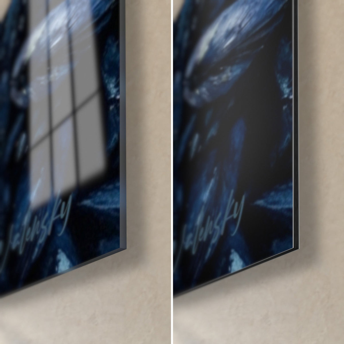 Schilderij indigokleurige zeemosselen, rechtsonder: glanzend acrylglas dat het raam weerspiegelt, mat zwart Dibond-aluminium, dikte 3 mm