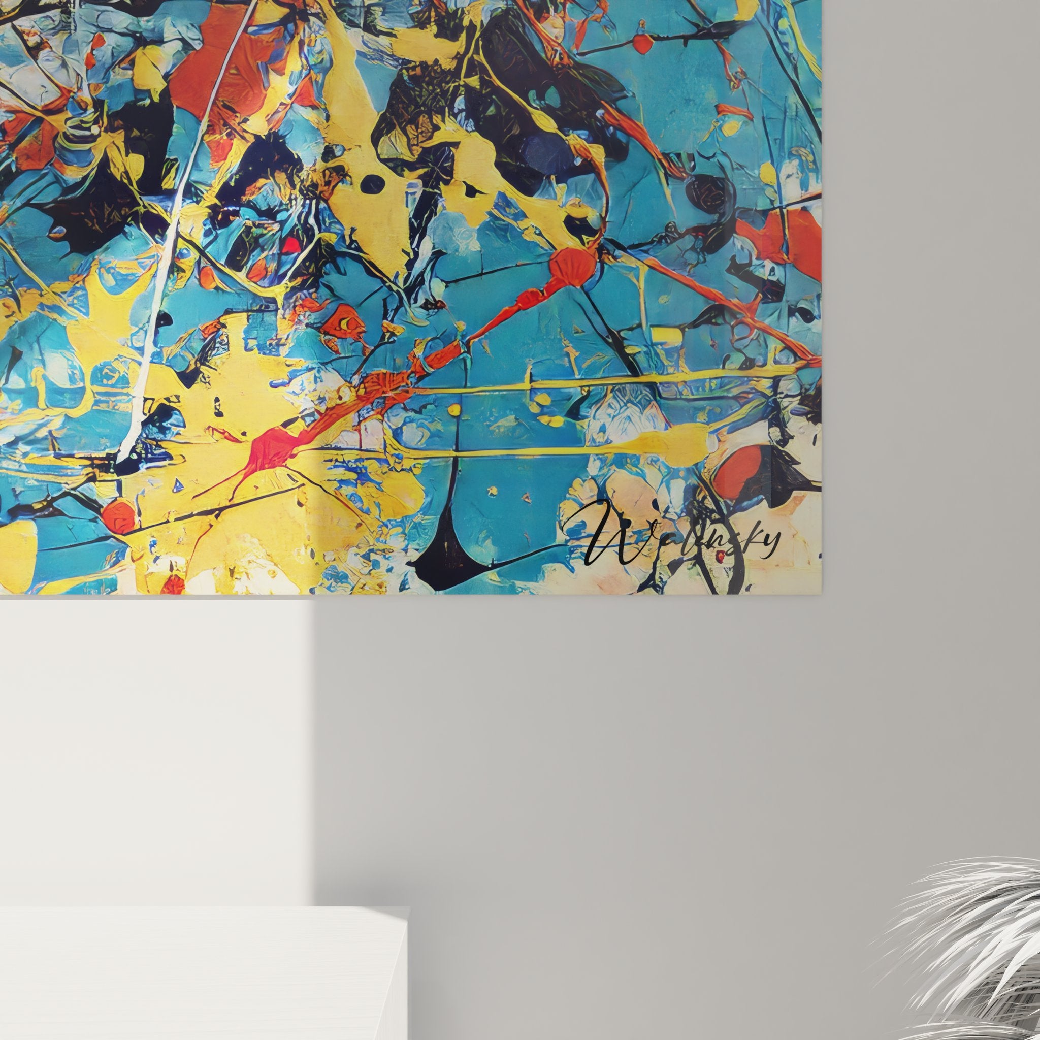 Vue ensemble tableau mural abstrait explosion couleurs art contemporain décoration intérieure moderne