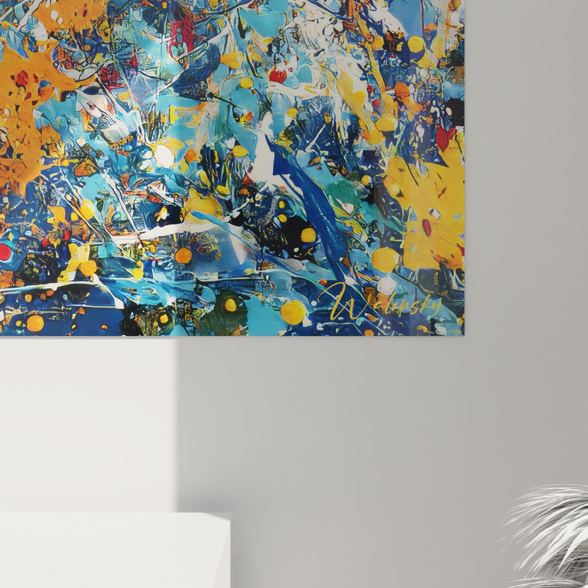 Vue ensemble tableau mural abstrait éclaboussures colorées art moderne décoration intérieure