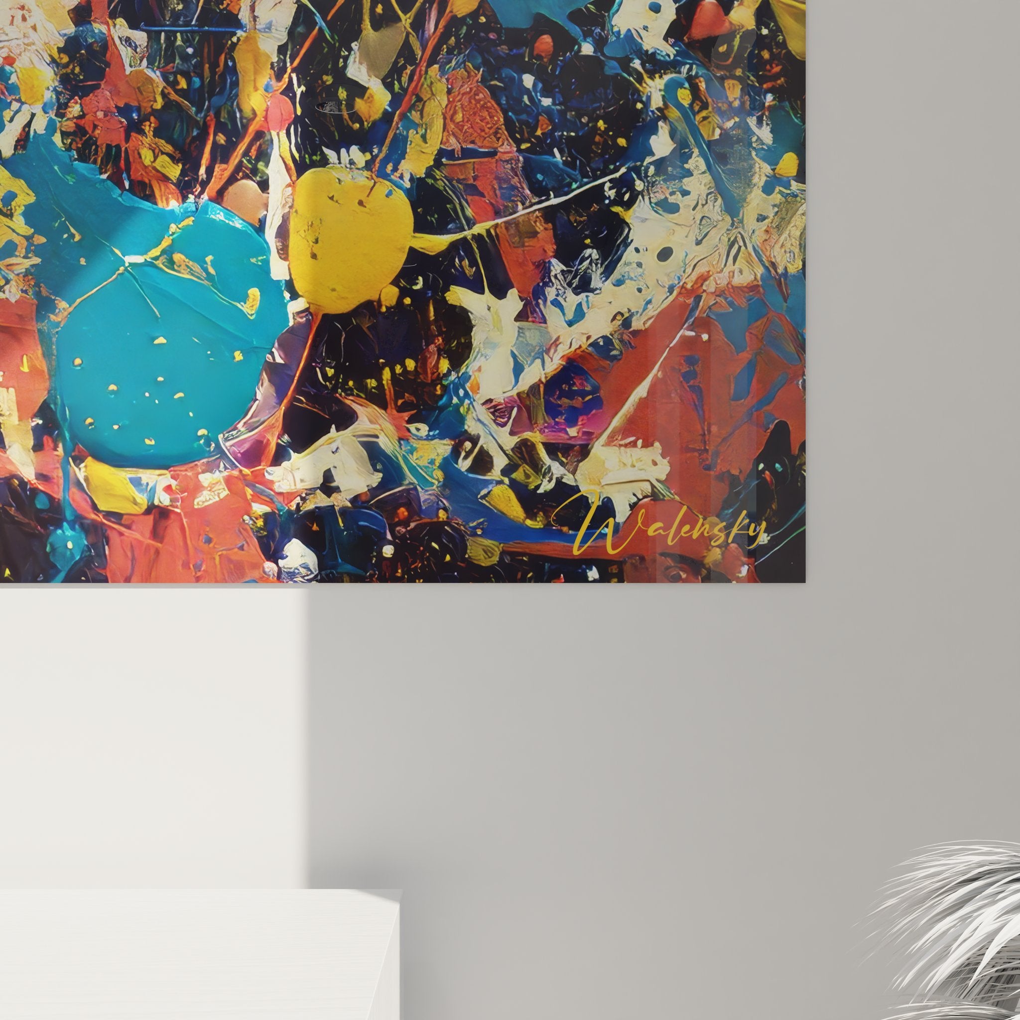 Vue ensemble tableau mural abstrait éclaboussures colorées art contemporain décoration