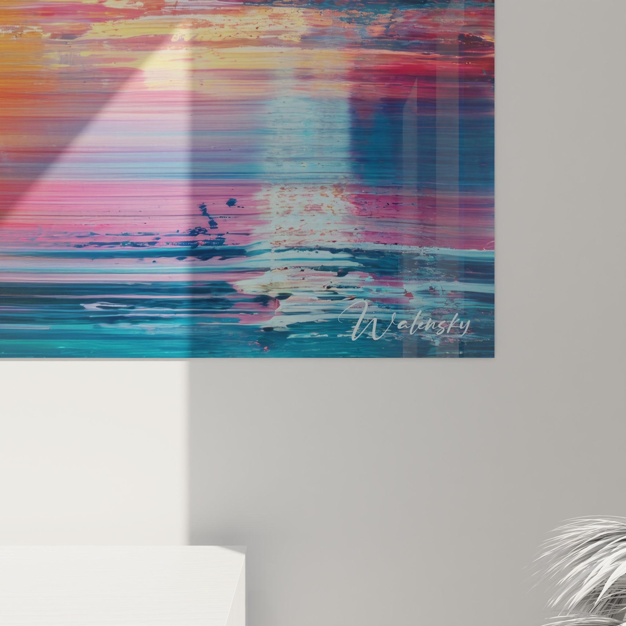 Vue d'ensemble tableau mural abstrait coloré, composition dynamique aux couleurs vives expressives