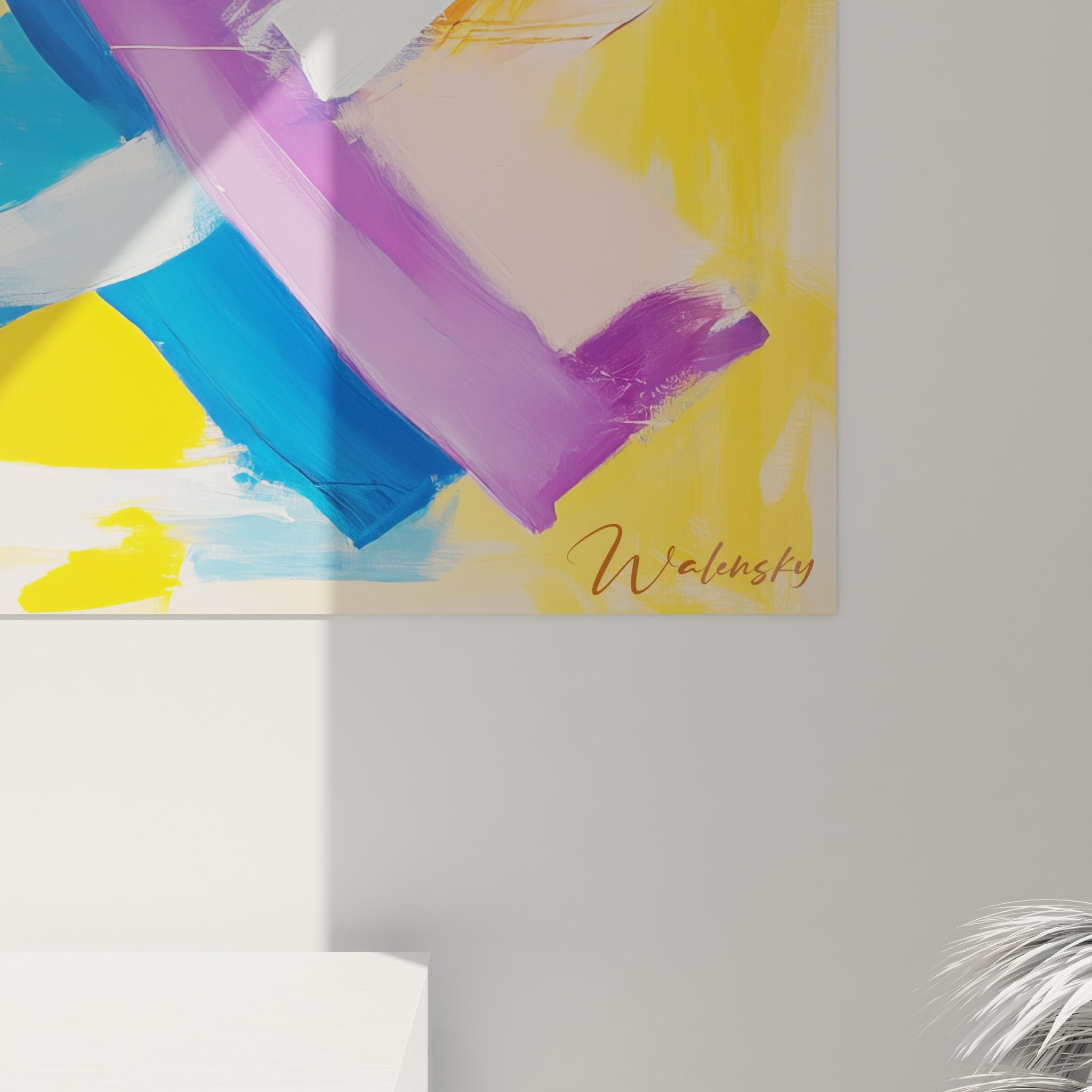 Vue ensemble tableau mural abstrait formes colorées décoration moderne art contemporain salon