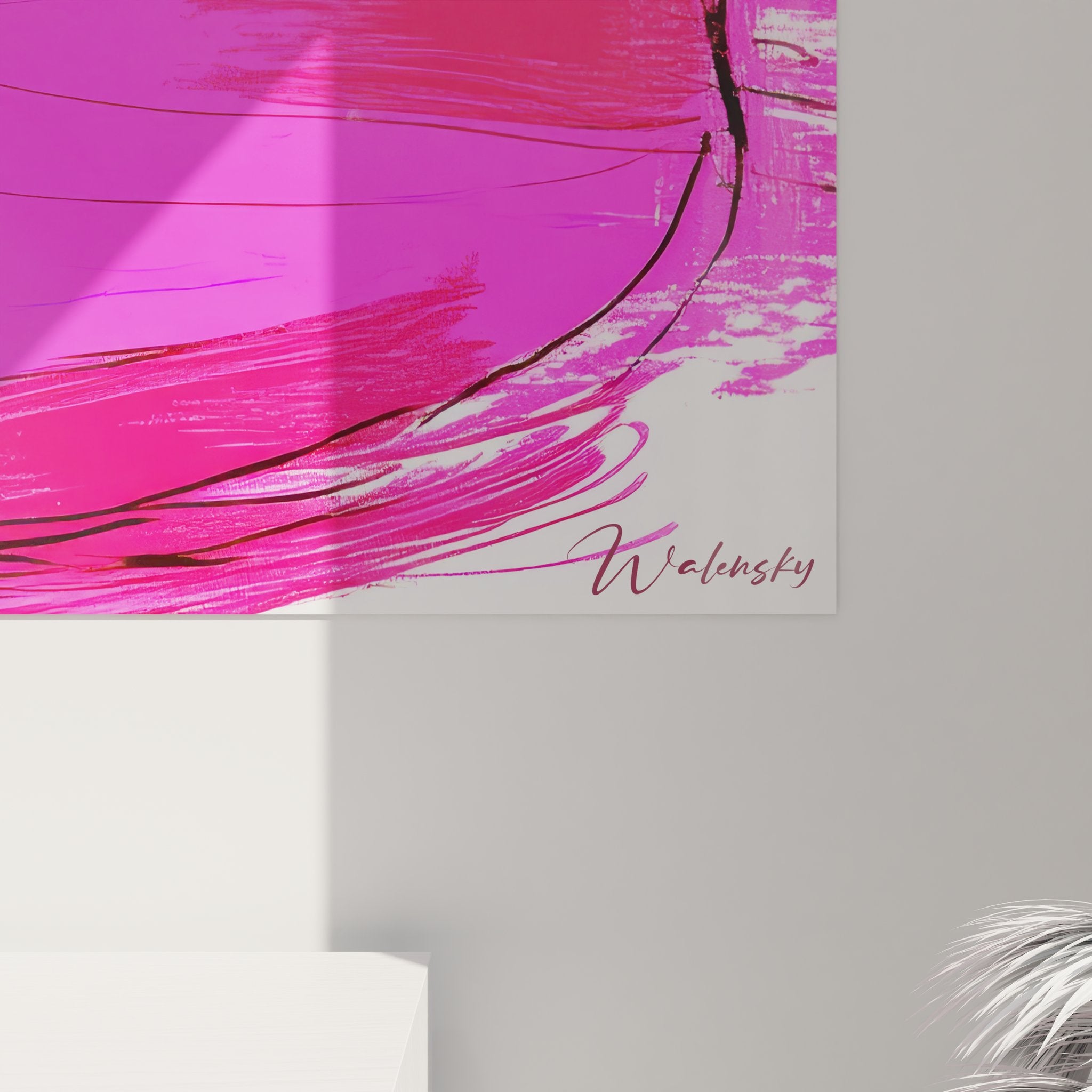 Vue d'ensemble tableau mural abstrait rose et bleu dans intérieur moderne, art contemporain