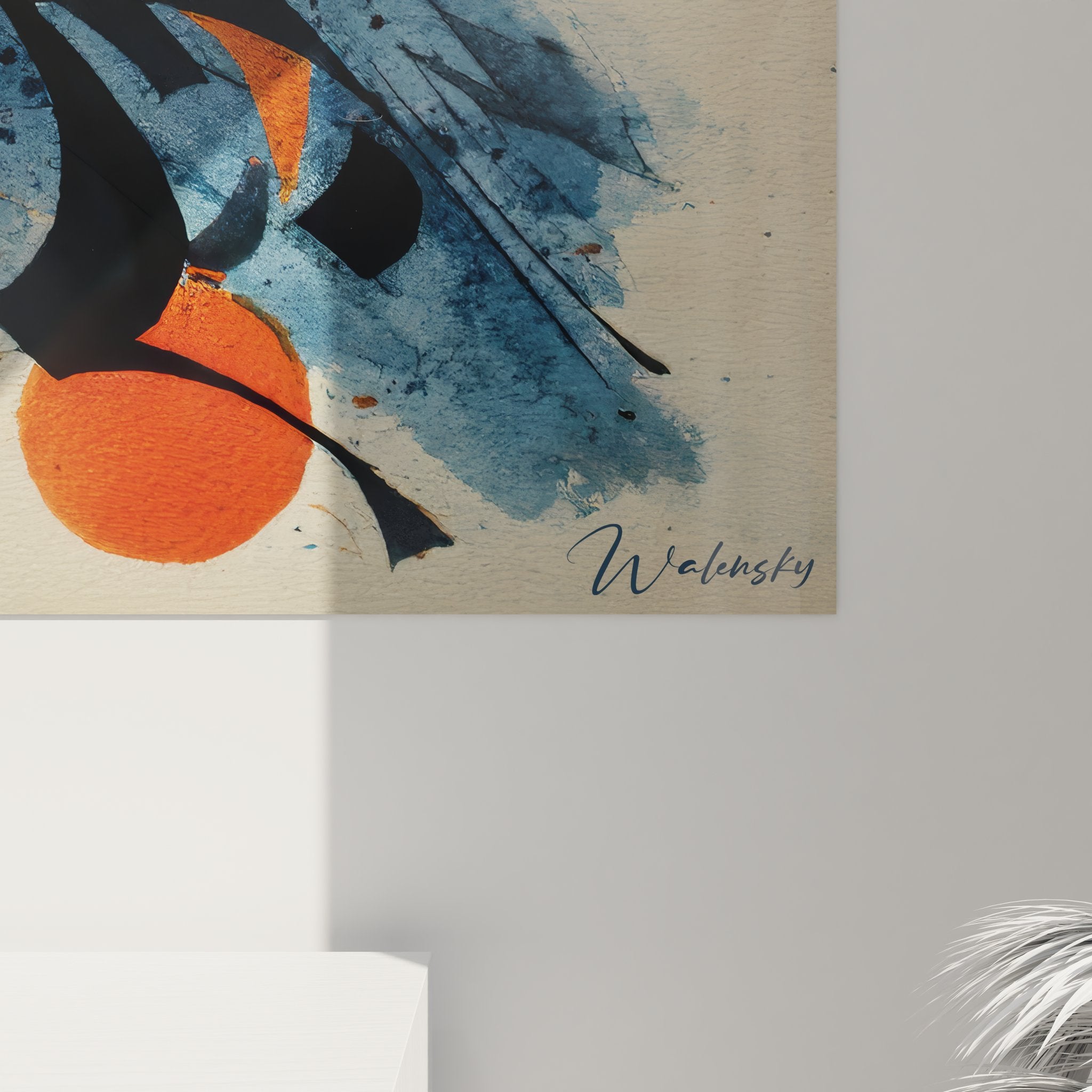 Vue ensemble tableau composition abstraite moderne accroché mur blanc décoration intérieure contemporaine