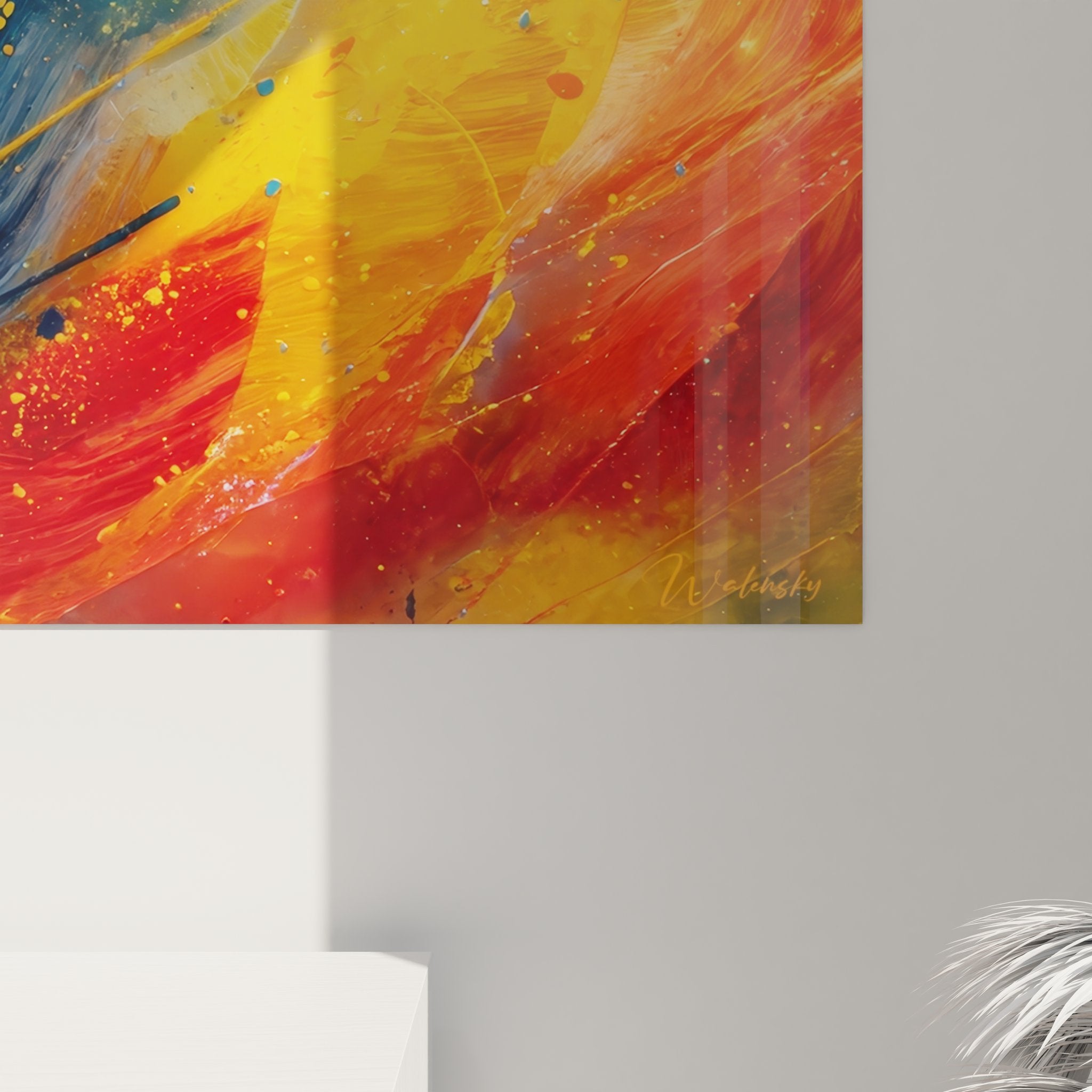 Vue ensemble tableau mural abstrait explosion couleurs décoration intérieure moderne