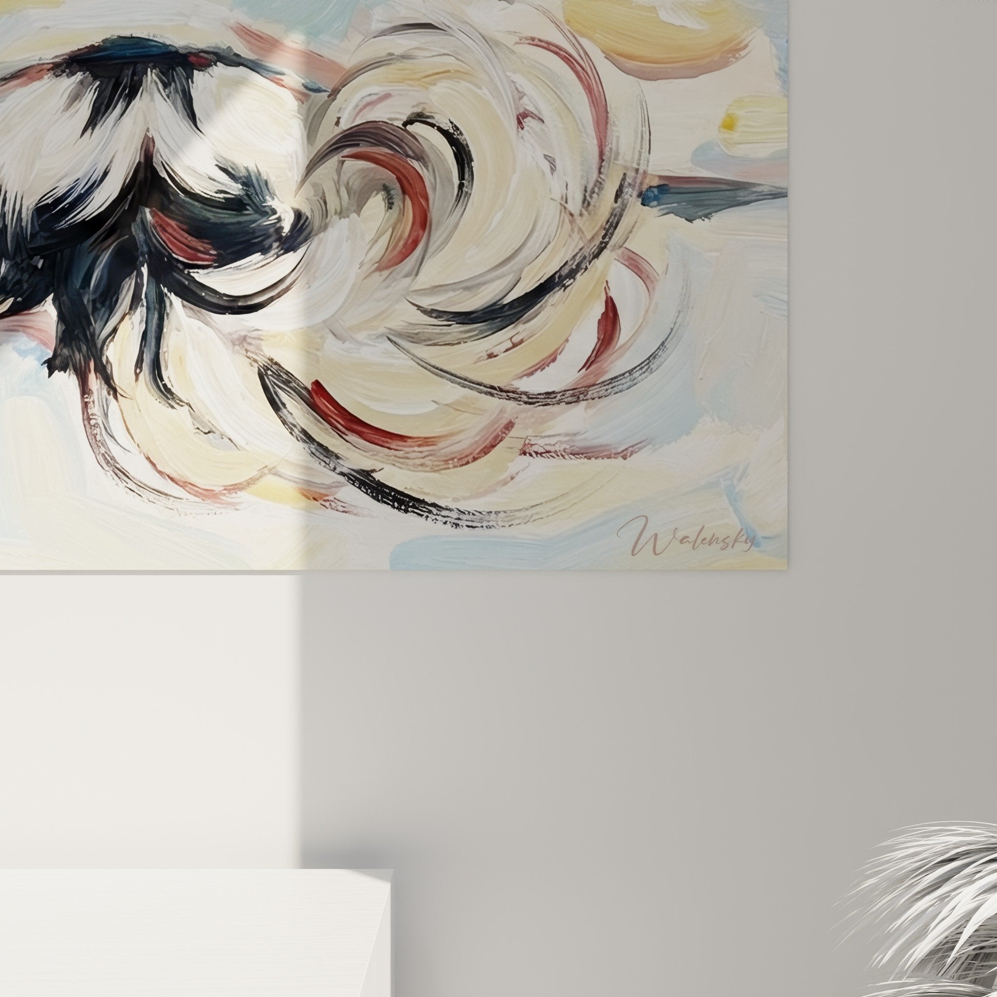 vue ensemble tableau mural abstrait spirale blanc bleu or decoration epagneul japonais