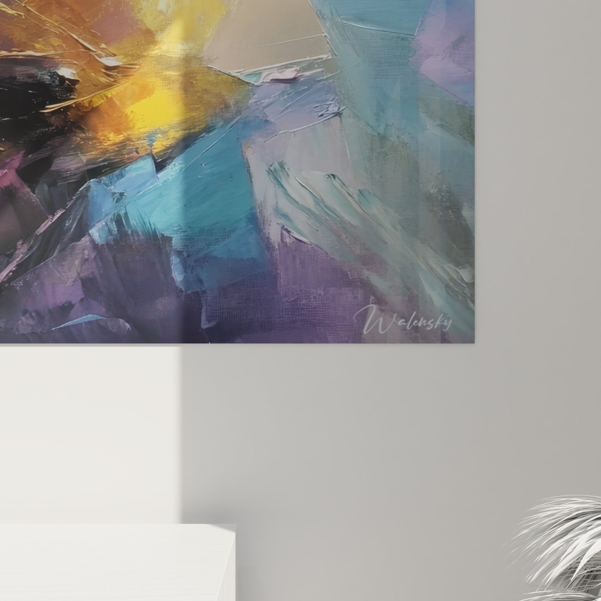 Vue ensemble tableau mural abstrait explosion colorée, art moderne violet bleu or décoration