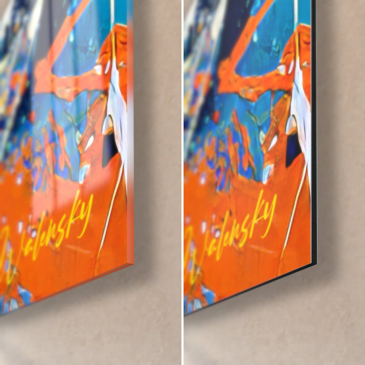 Tableau coulures orange vif et bleu cobalt, coin bas droit, verre acrylique brillant à gauche, Dibond mat à droite, tranche 3 mm