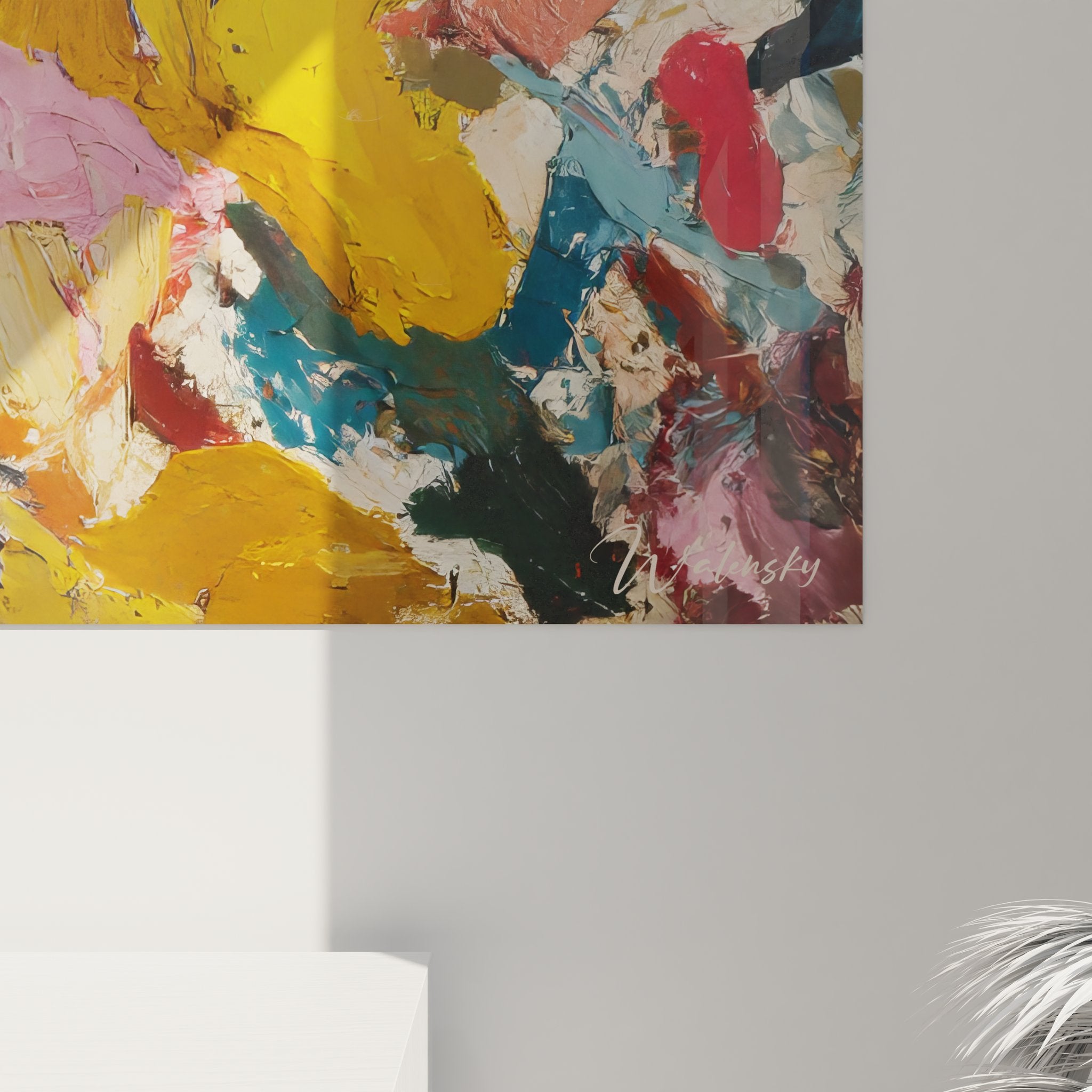 Vue ensemble tableau abstrait expressionniste mural, œuvre art contemporain couleurs multiples déco moderne