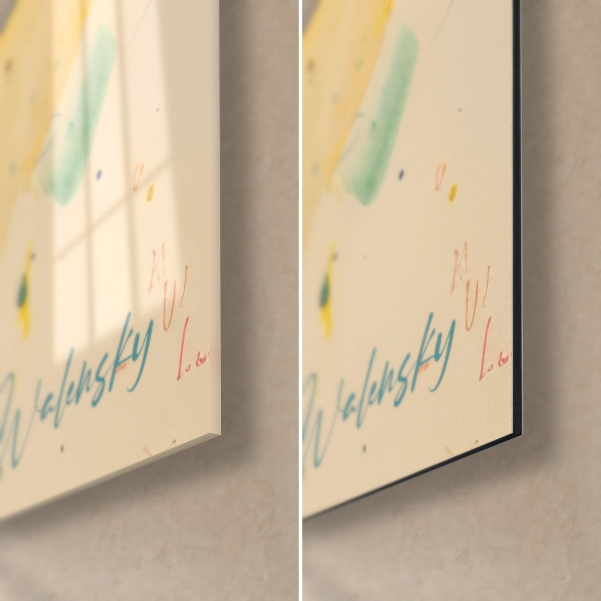 Schilderij expressionistisch aquarel, gele en turquoise rechteronderhoek met signatuur, glanzend acrylglas en mat Dibond, 3 mm dik