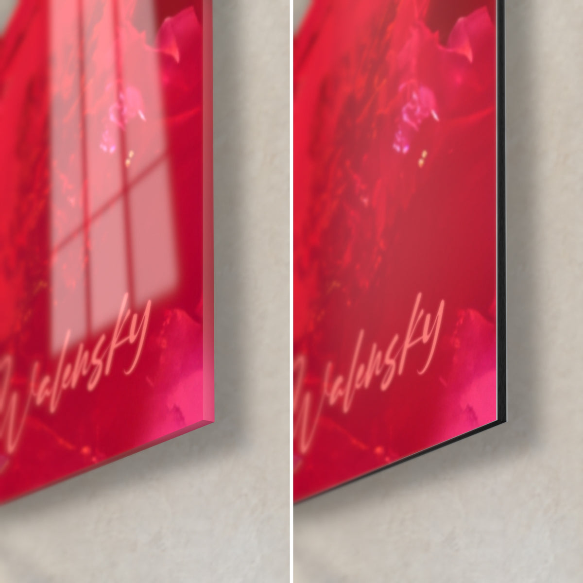 Schilderij expressionistisch in rood en roze, rechtsonder: glanzend acrylglas dat het raam weerspiegelt, mat Dibond-aluminium, rand van 3 mm